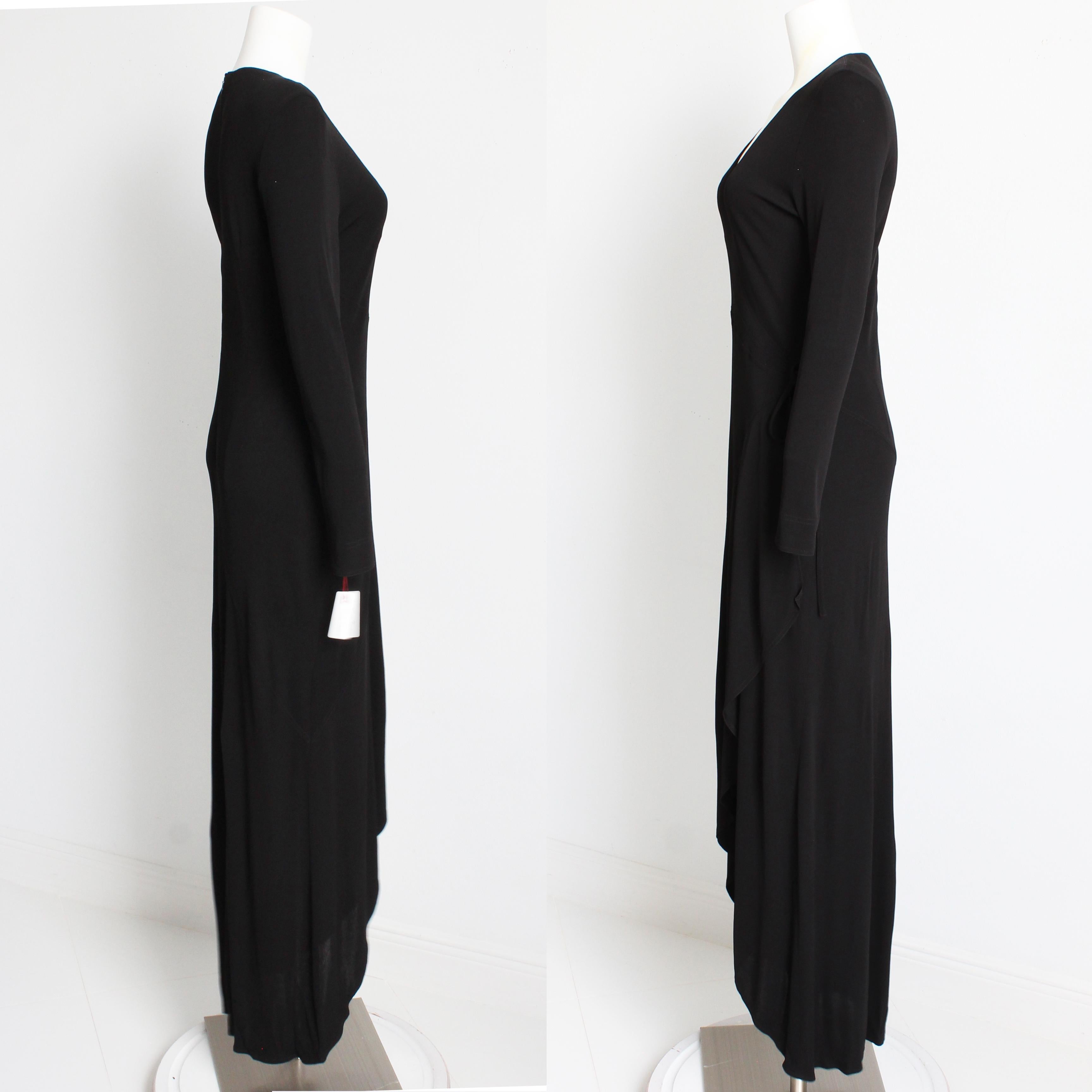 Jean Muir Long Dress Black Jersey Asymmetric Hem with Plunge Neckline Vintage  For Sale 7