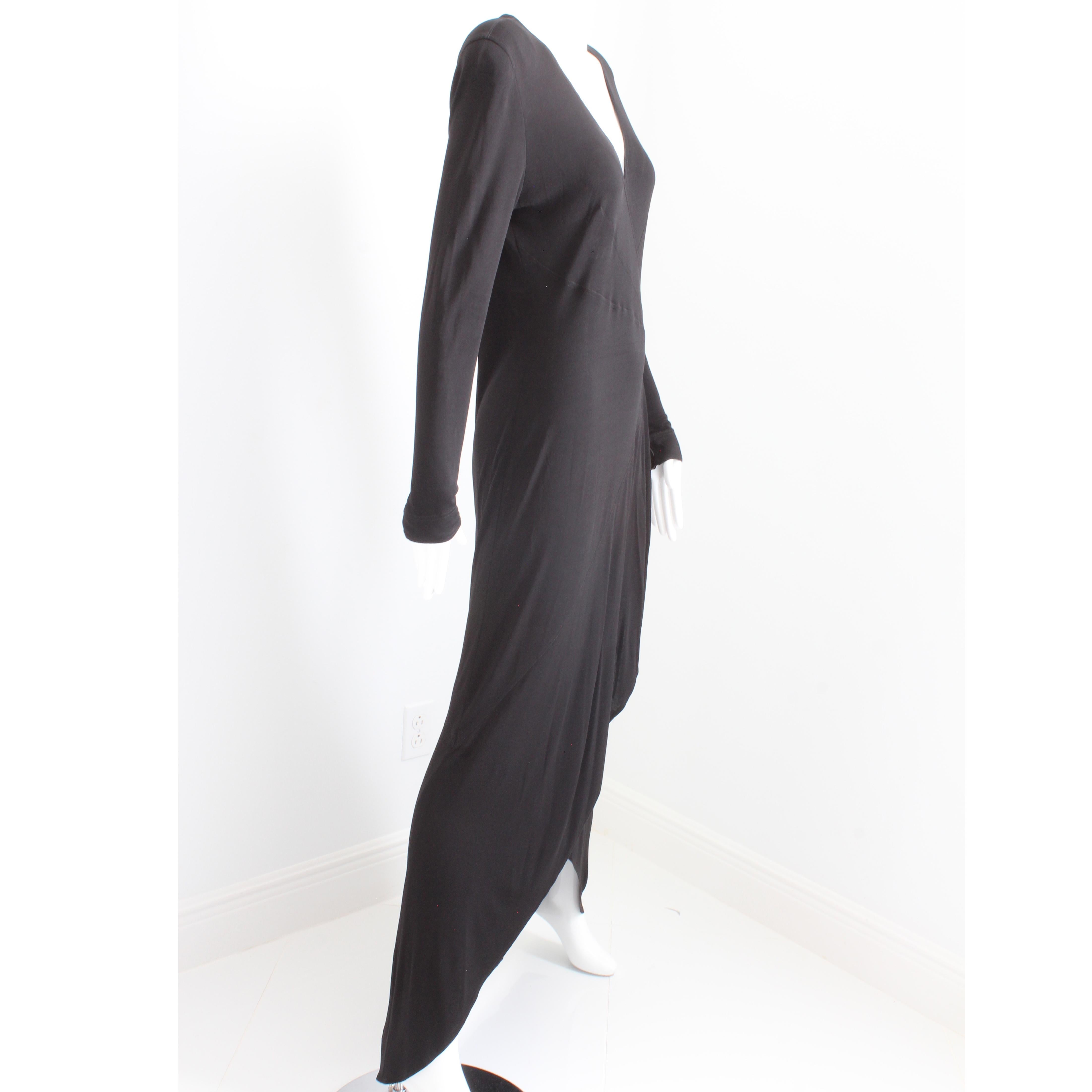 Jean Muir Long Dress Black Jersey Asymmetric Hem with Plunge Neckline Vintage  For Sale 2