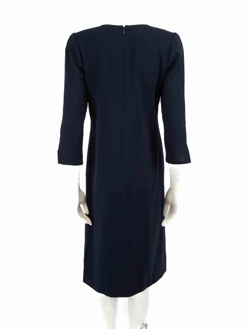 Jean Muir Navy Wool Square Neckline Midi Dress Size M In Good Condition For Sale In London, GB