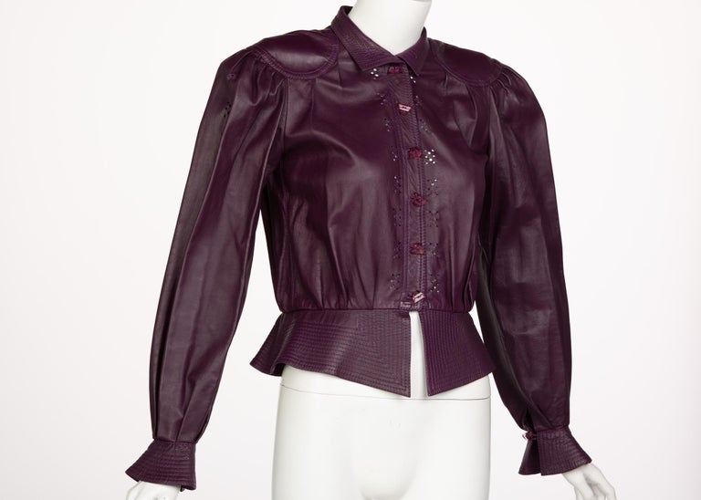 Jean Muir Purple Peplum Leather Jacket, 1980s For Sale at 1stDibs