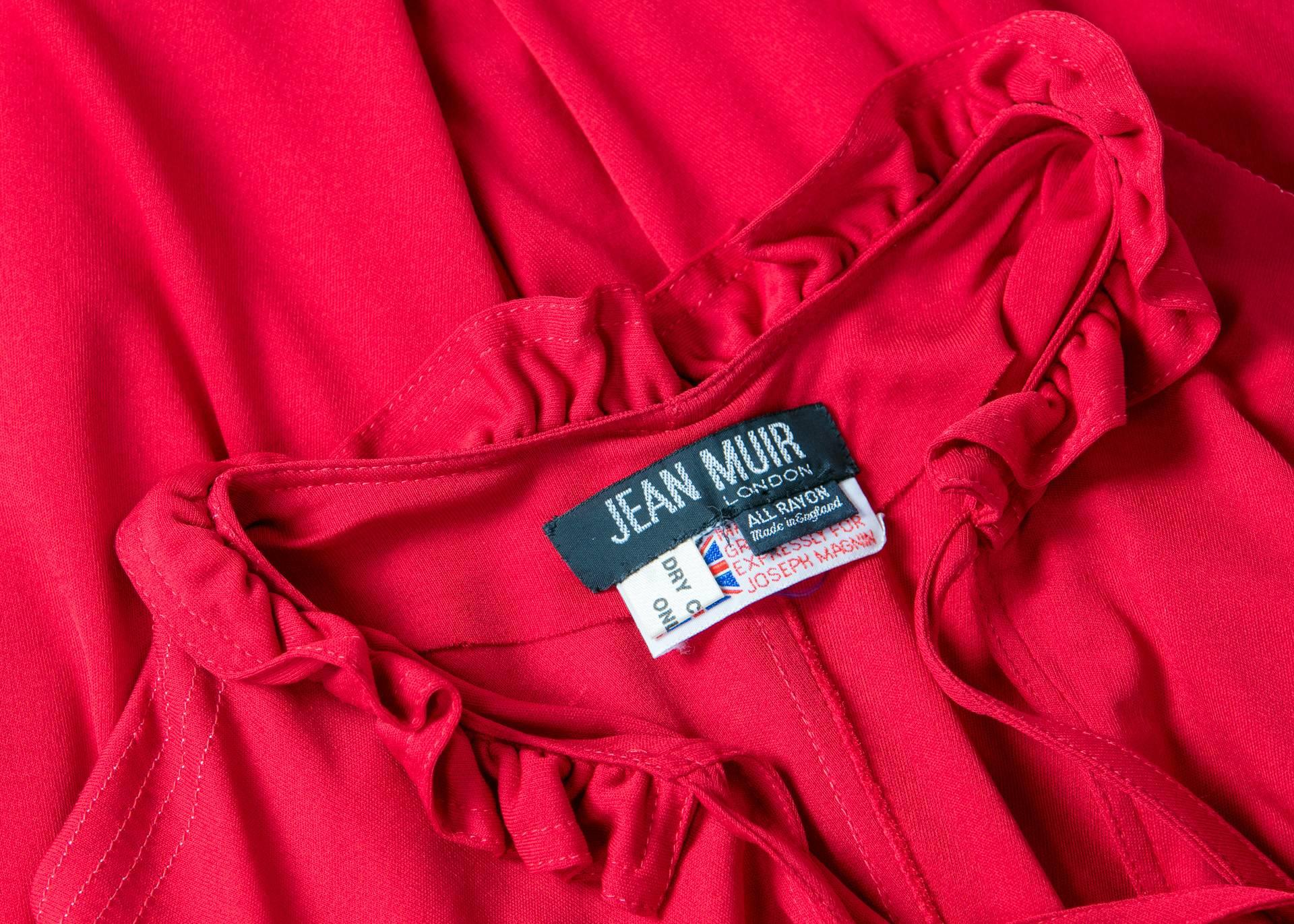 1970s Jean Muir Red Peplum Draped Jersey Dress 6
