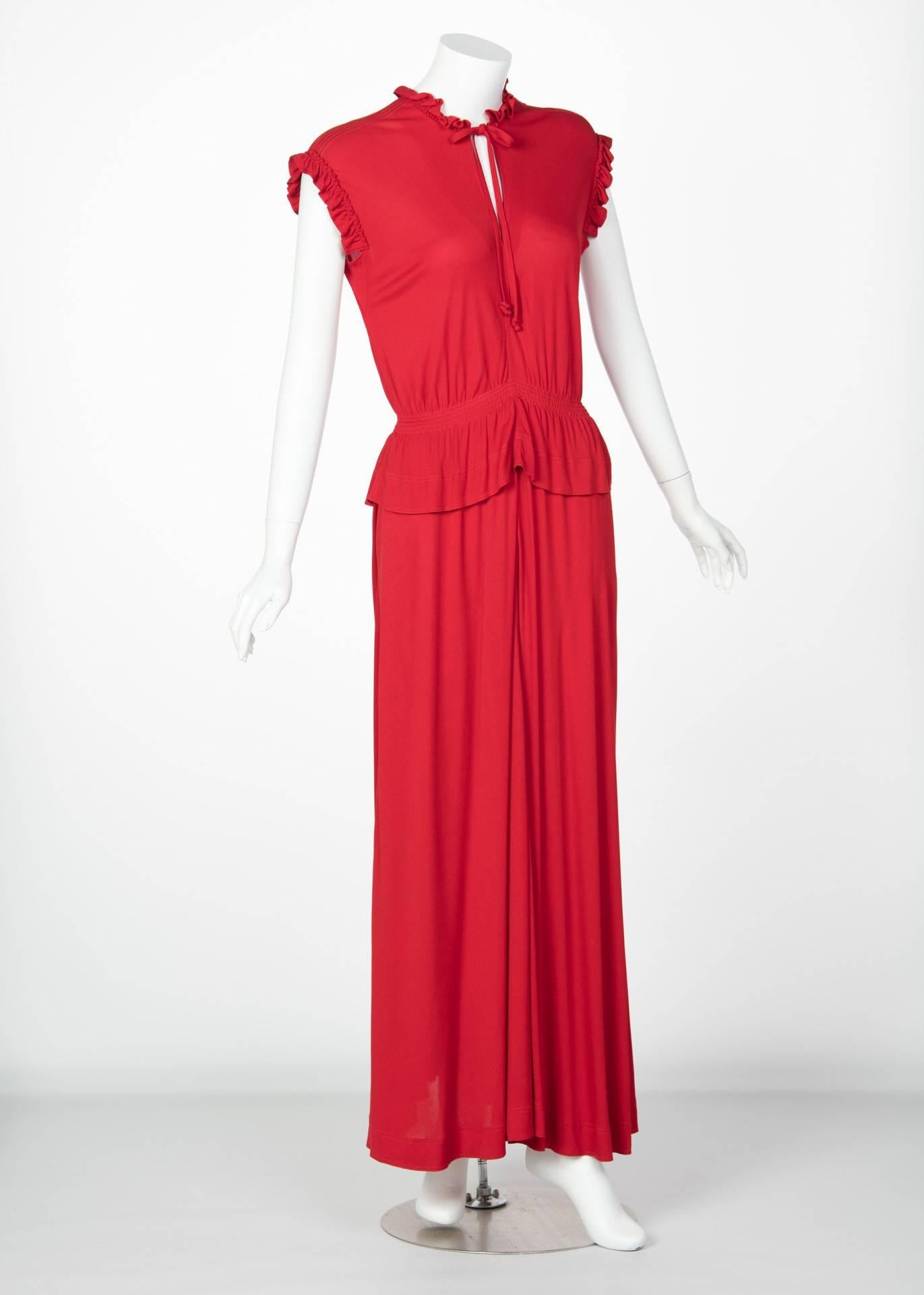 1970s Jean Muir Red Peplum Draped Jersey Dress In Good Condition In Boca Raton, FL