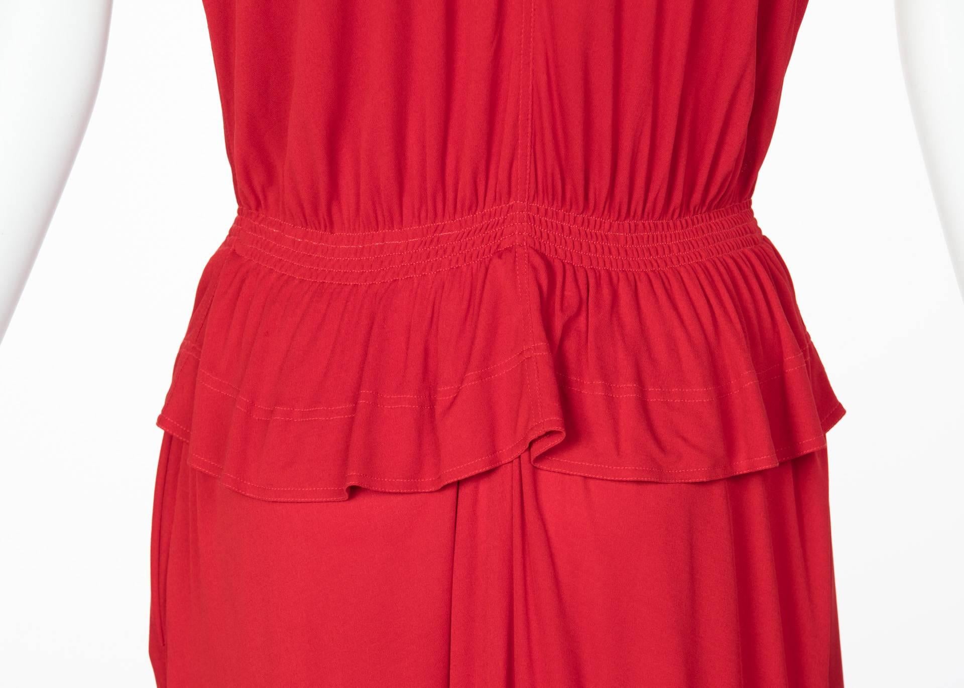 1970s Jean Muir Red Peplum Draped Jersey Dress 1