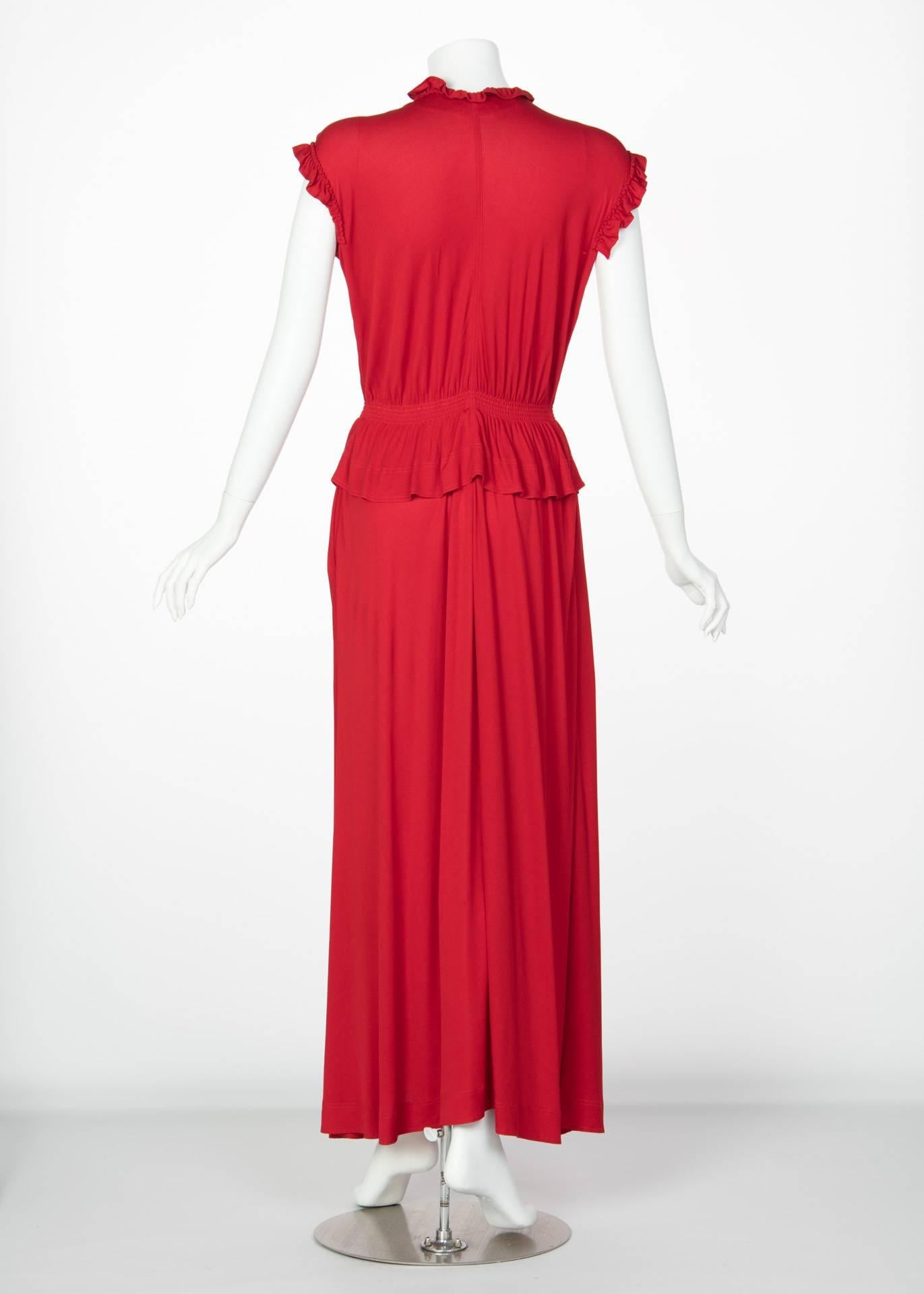 1970s Jean Muir Red Peplum Draped Jersey Dress 2