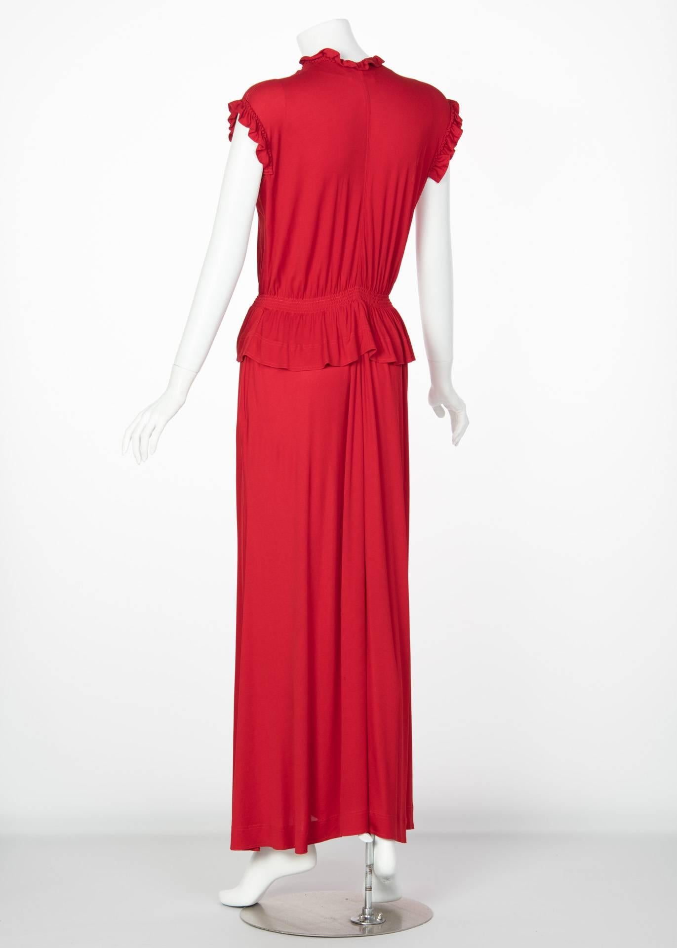 1970s Jean Muir Red Peplum Draped Jersey Dress 3