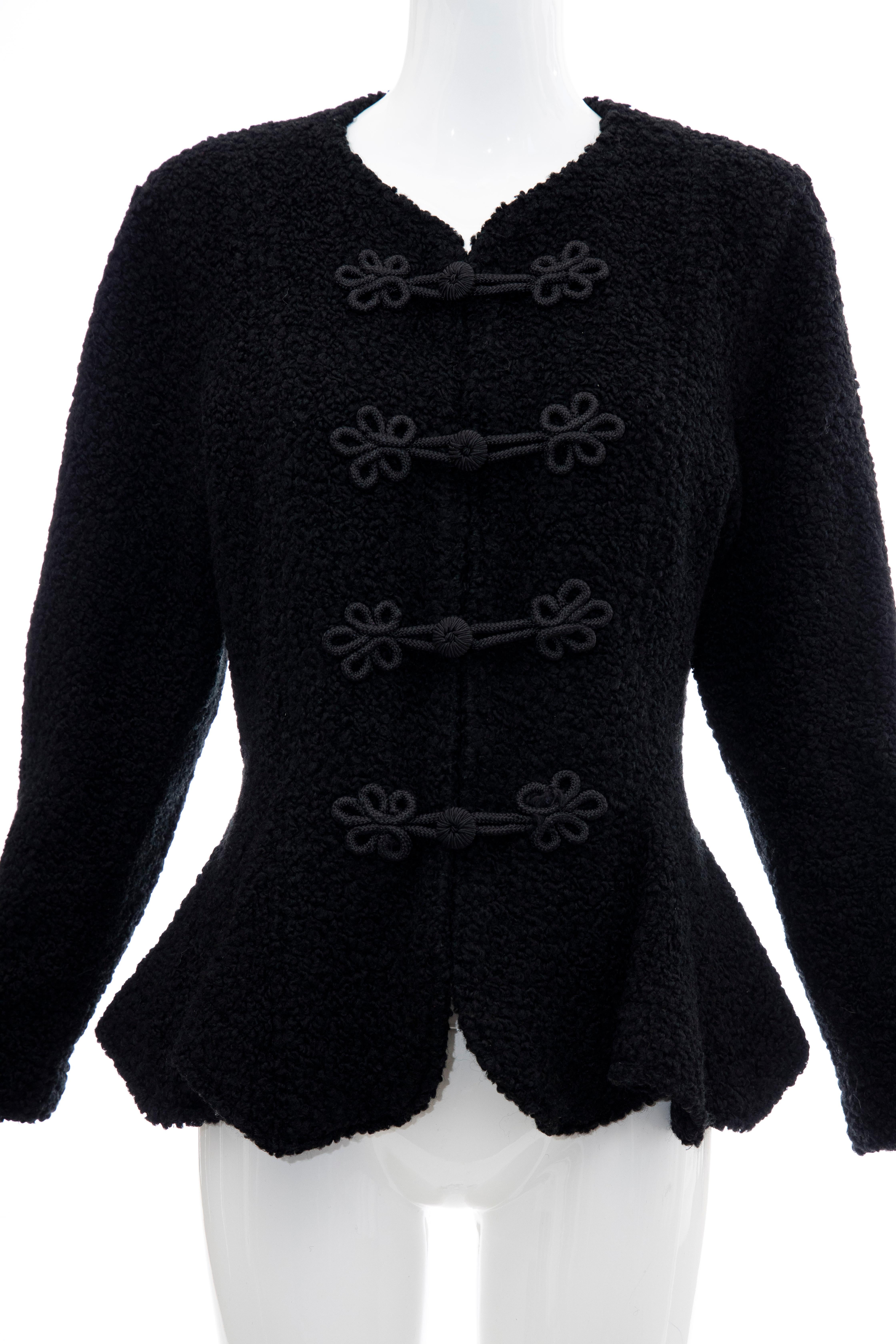 Jean Muir Studio black faux persian lamb jacket with frog style closure. 

No Size Label

Bust: 38, Waist: 33, Shoulder: 16, Sleeve: 21.5, Length: 25