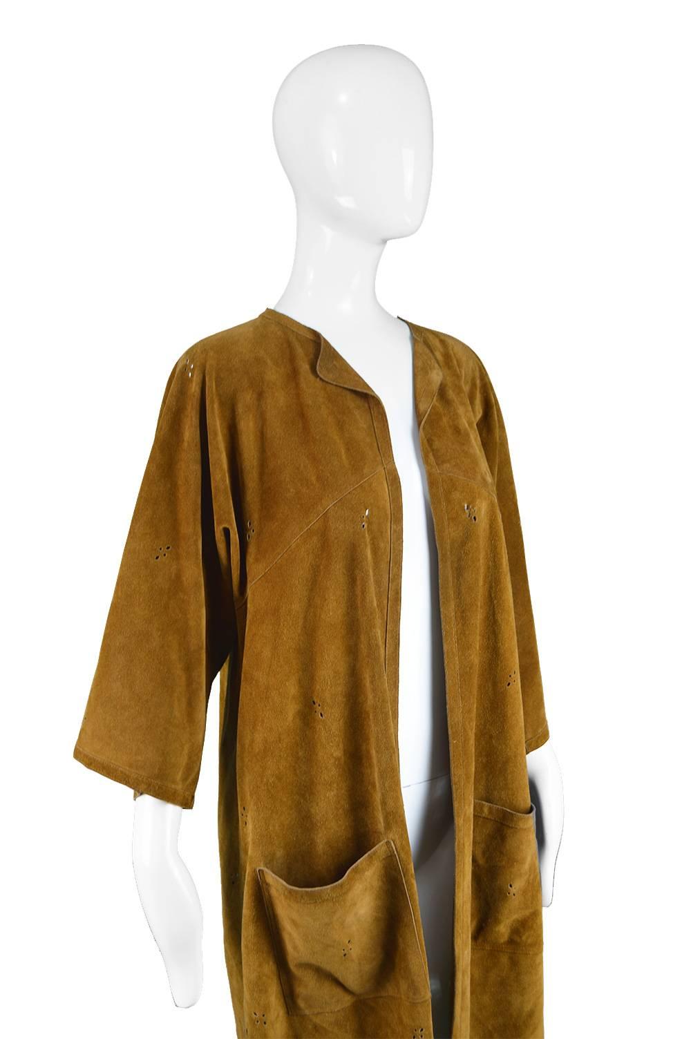 Jean Muir Vintage 1970s Punchwork Brown Suede Cut Out Duster Jacket In Good Condition In Doncaster, South Yorkshire