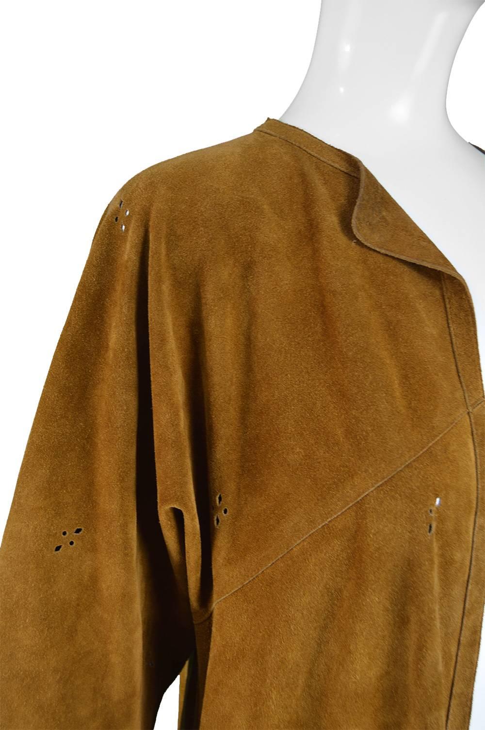 Women's Jean Muir Vintage 1970s Punchwork Brown Suede Cut Out Duster Jacket