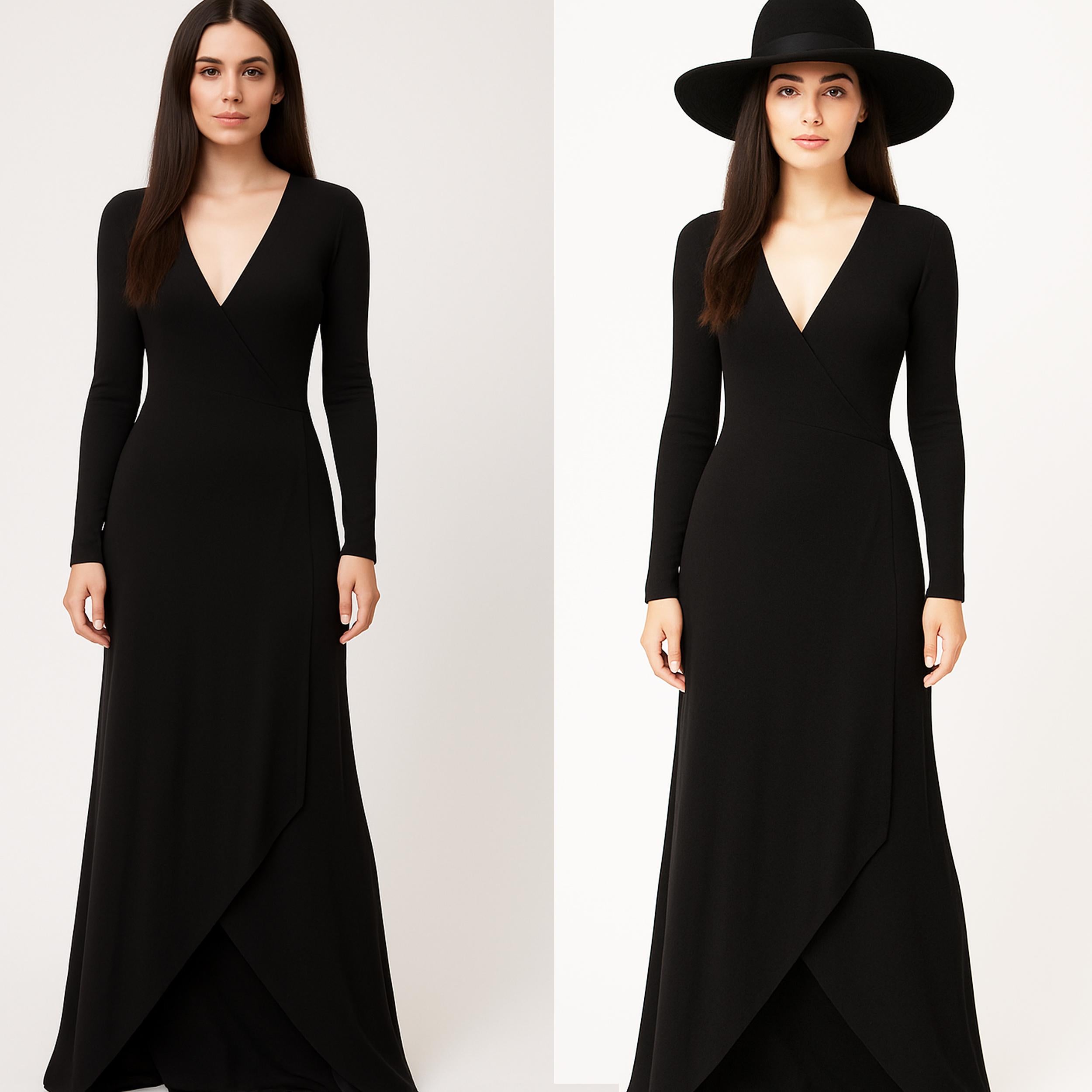 Jean Muir Vintage Black Long Jersey Dress Gown Plunge Neckline Asymmetric Hem (Robe longue à encolure plongeante et ourlet asymétrique) Bon état - En vente à Port Saint Lucie, FL