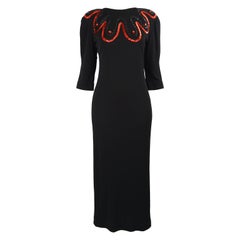 Jean Muir Vintage Black Jersey Shoulder Padded Sequin Maxi Evening Dress, 1980s