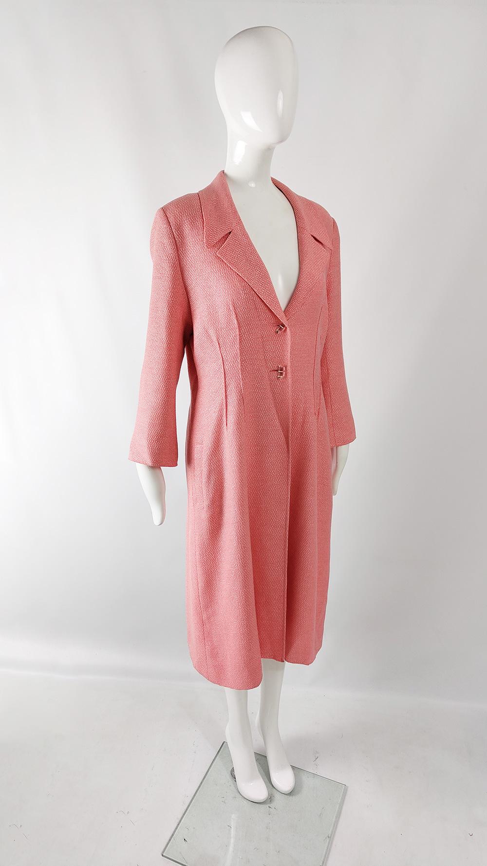 Jean Muir Vintage Womens Coral Pink Tweed Maxi Coat In Excellent Condition For Sale In Doncaster, South Yorkshire