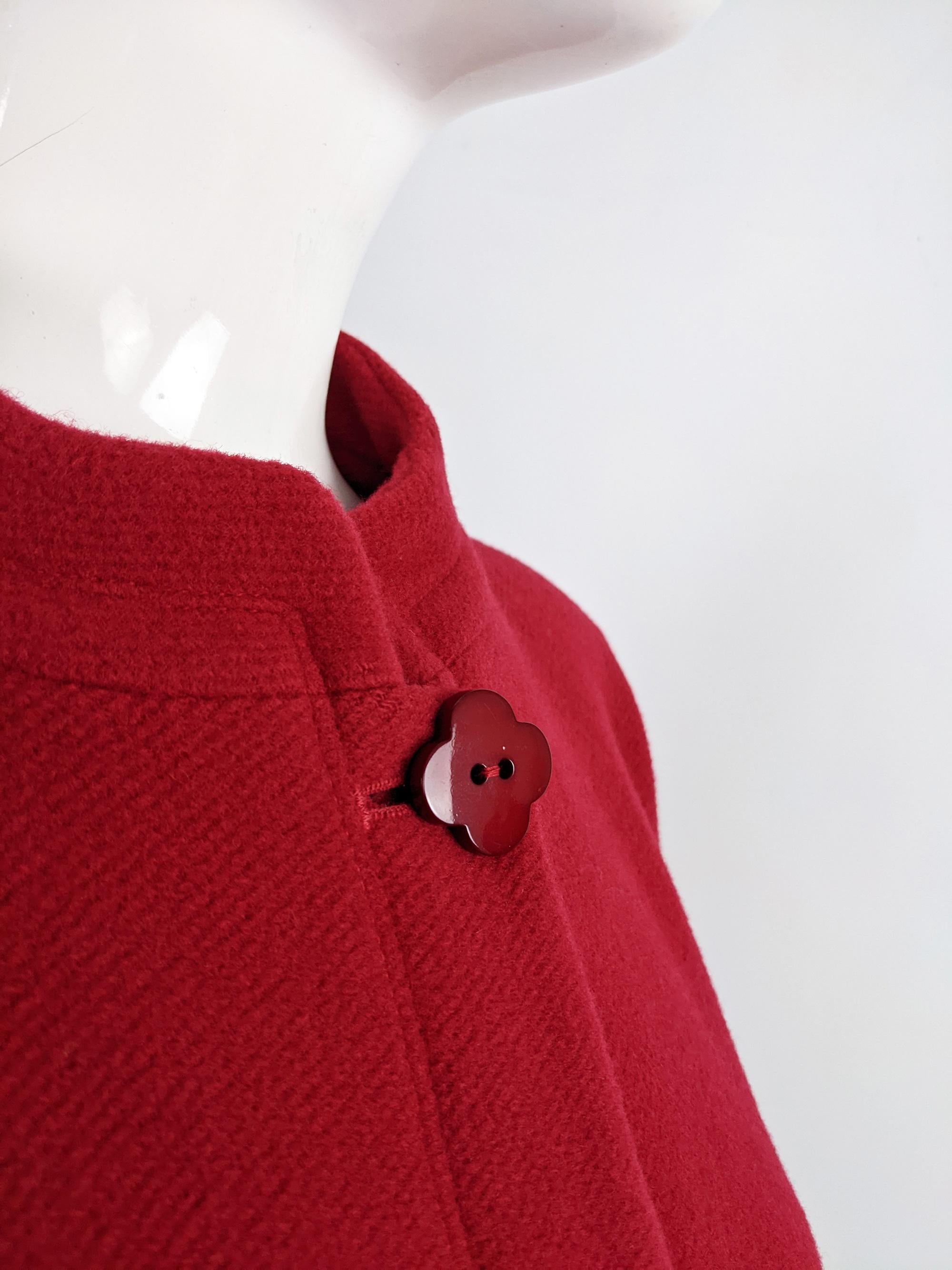Women's Jean Muir Vintage Womens Red Wool Pleated Sleeve Flower Button Duster Coat