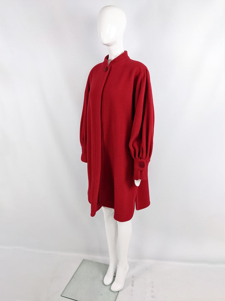 Jean Muir Vintage Womens Red Wool Pleated Sleeve Flower Button Duster Coat 2