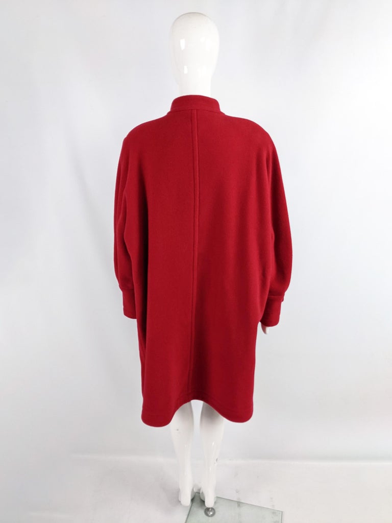Jean Muir Vintage Womens Red Wool Pleated Sleeve Flower Button Duster Coat 3
