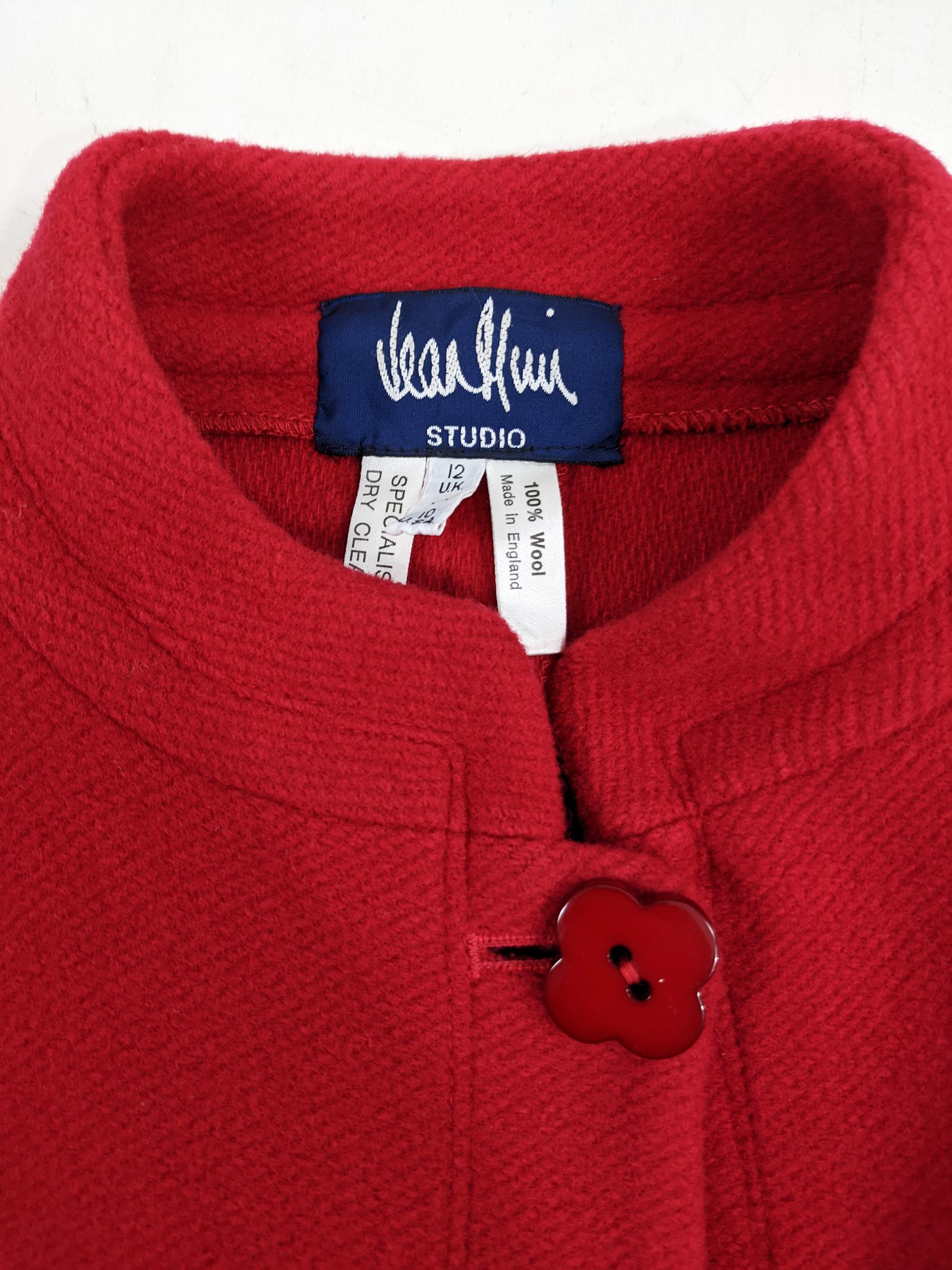 Jean Muir Vintage Womens Red Wool Pleated Sleeve Flower Button Duster Coat 3