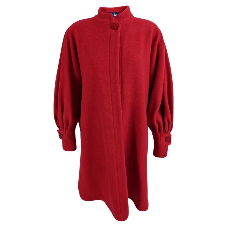 Jean Muir Vintage Womens Red Wool Pleated Sleeve Flower Button Duster Coat