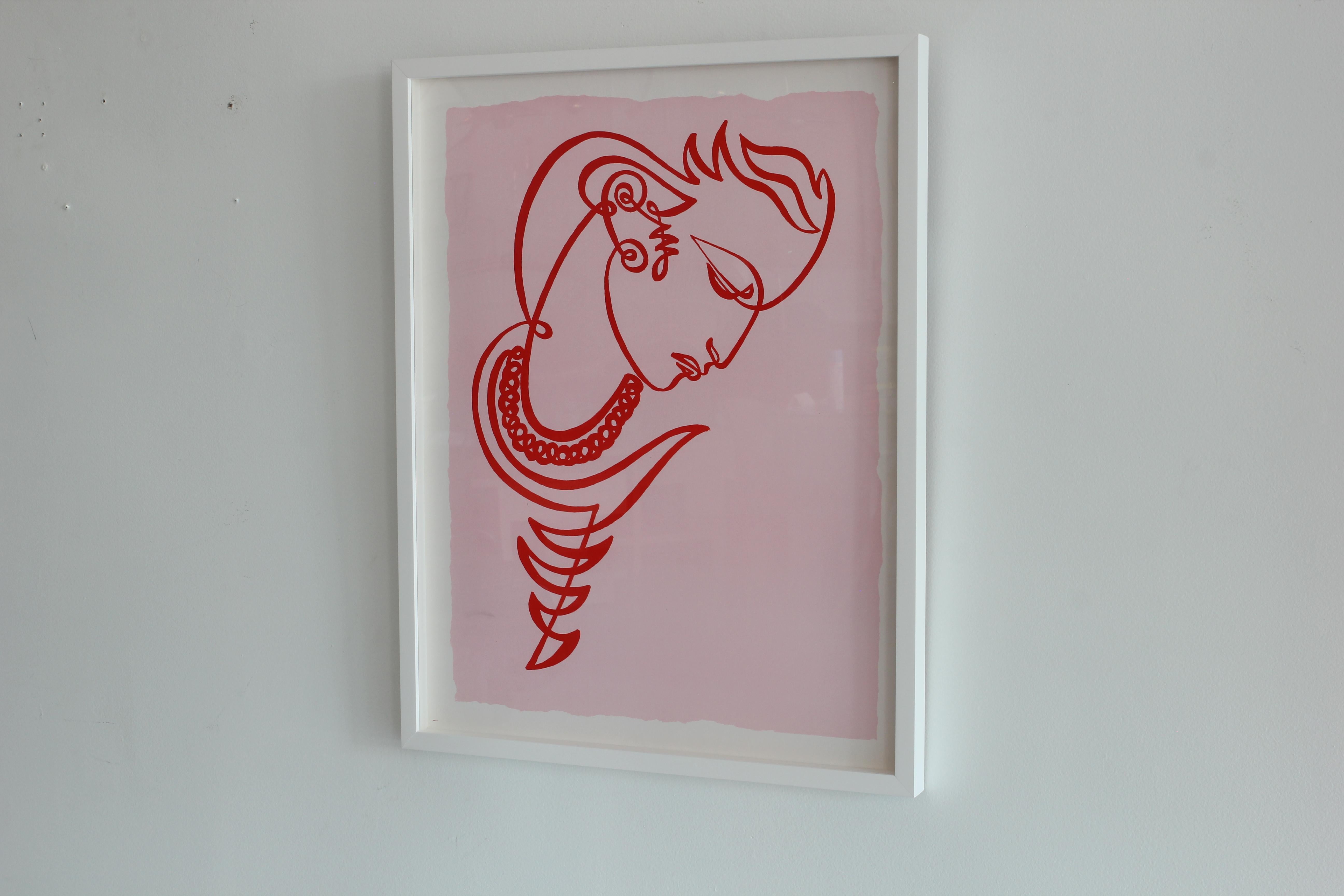 Beautiful continuous line drawing by Jean Negulesco-Oscar award winning Hollywood director. New custom frame. Very rare vintage color serigraph print with blind stamp in corner.

Available in the following variations: 
White frame, pink background