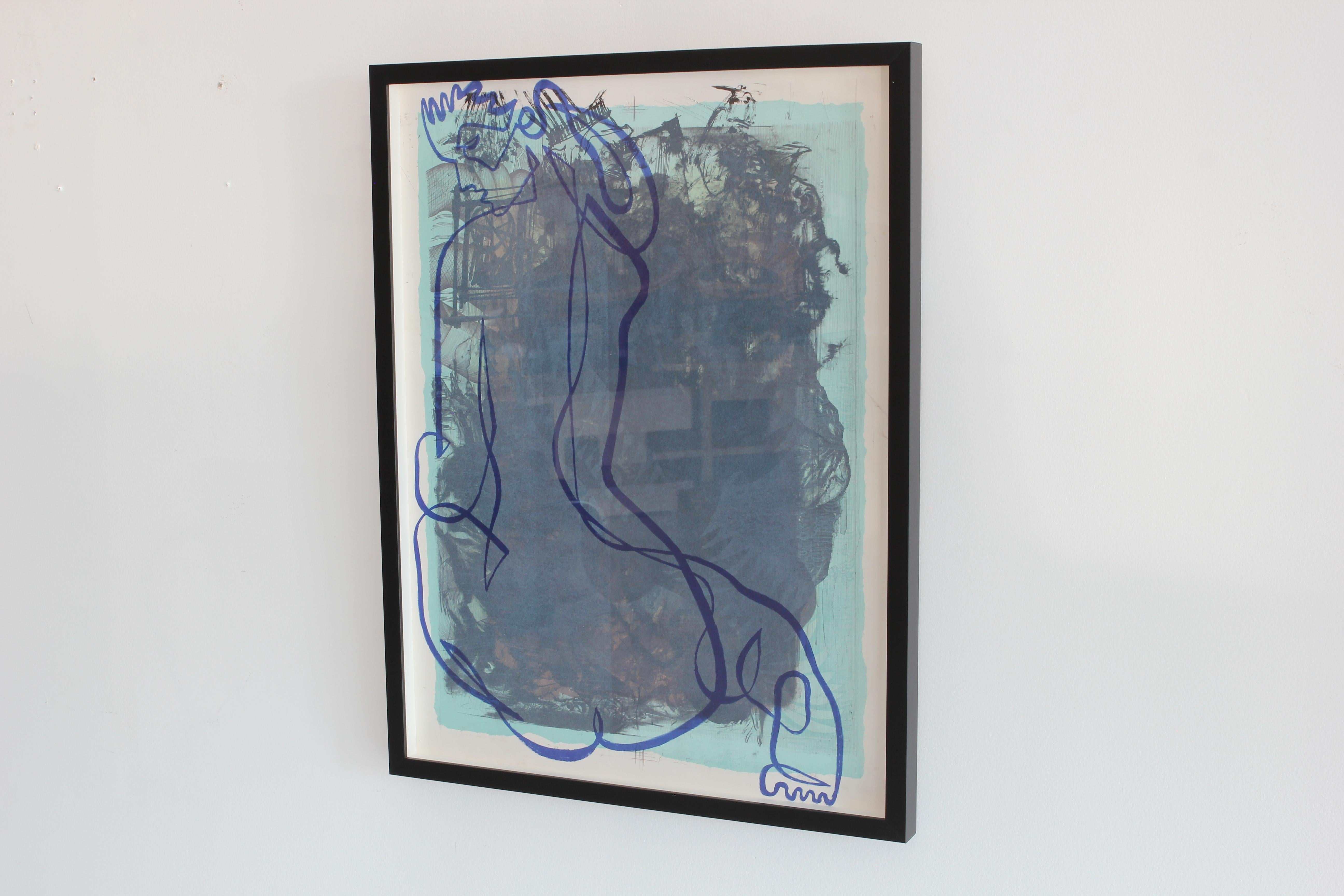 Beautiful continuous line drawing by Jean Negulesco, Oscar award winning Hollywood director. Light blue background with dark blue continuous line of a female nude. New black wood frame.
