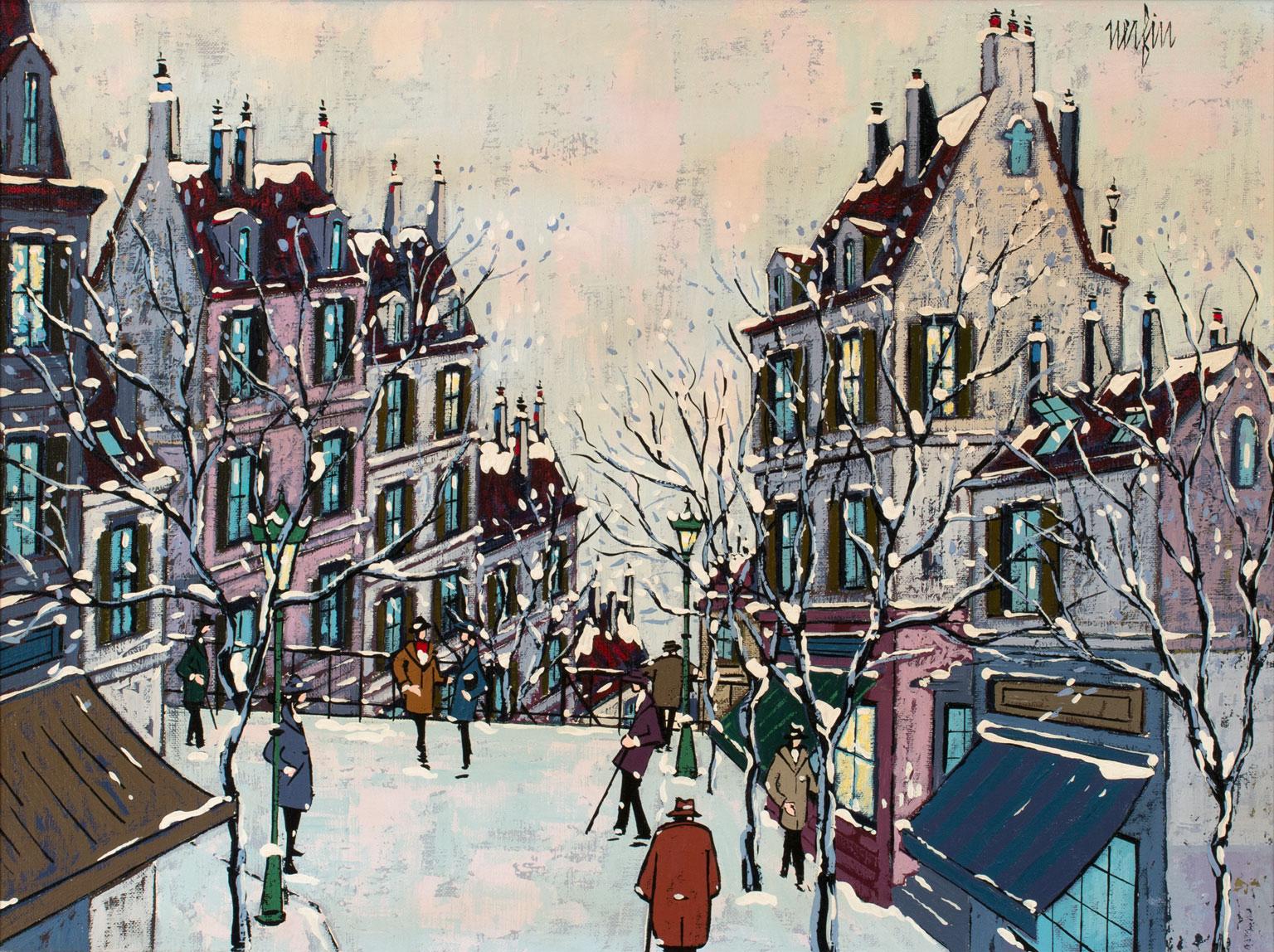 Peinture à l'huile abstraite de paysage urbain post-impressionniste de Jean Nerfin, encadrée 2