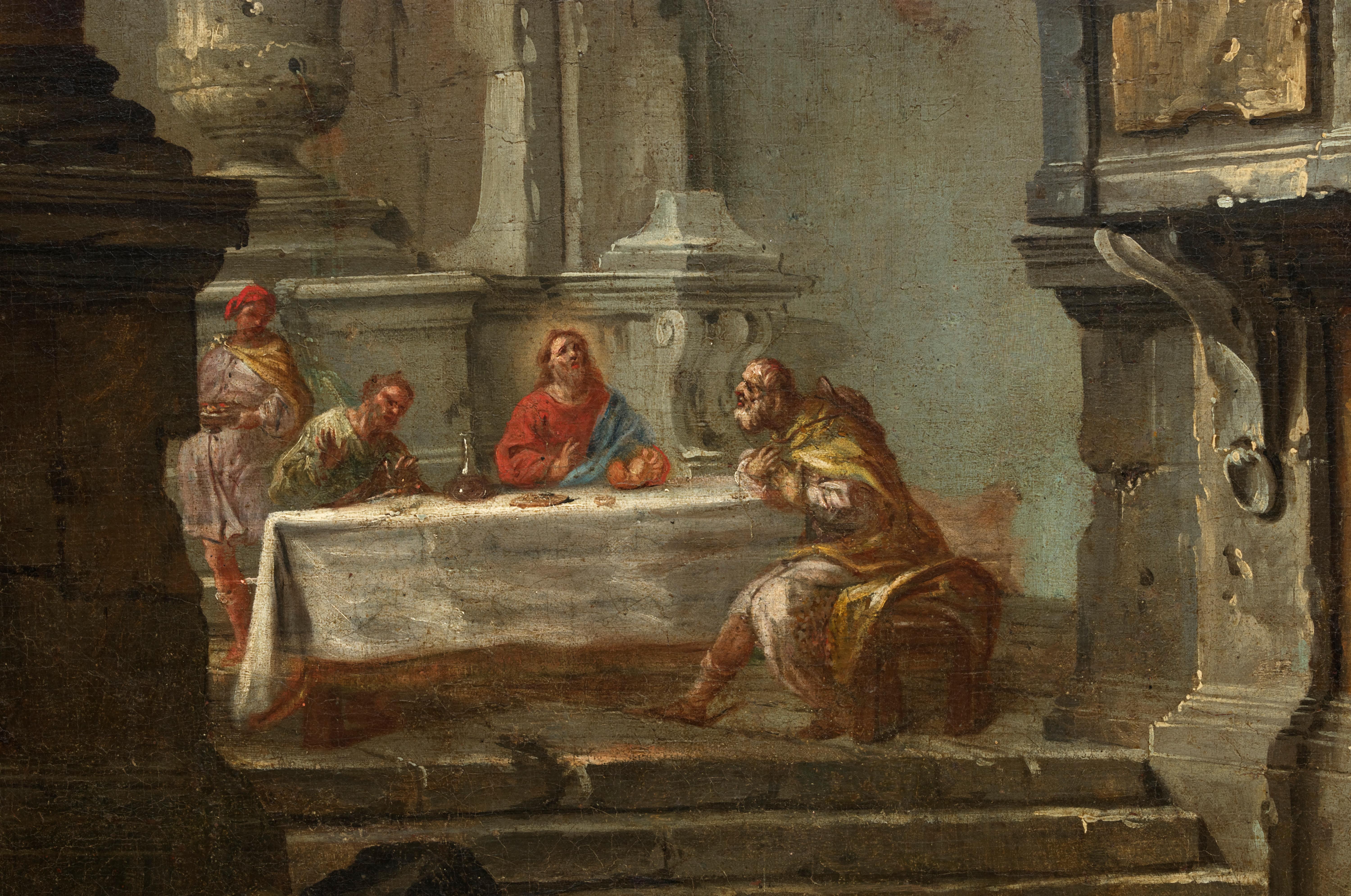 In this grand composition Servandoni is faithful to the lessons of his master Panini. He depicts the supper between Christ and the disciples of Emmaus. This representation is both the centre of his composition and an anecdotical scene in the