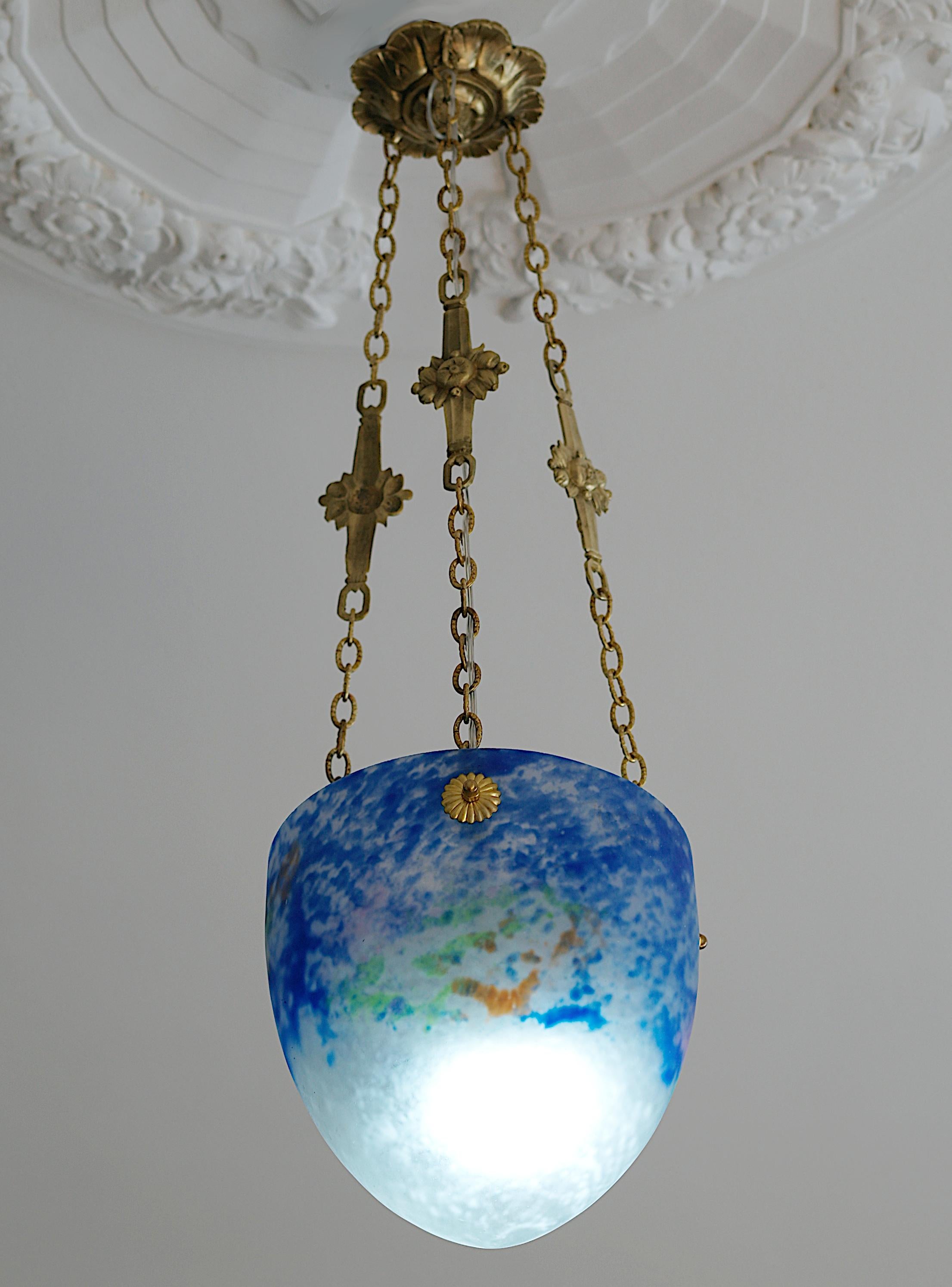 Brass Jean Noverdy French Art Deco Bronze Pendant Chandelier, Late 1920s For Sale
