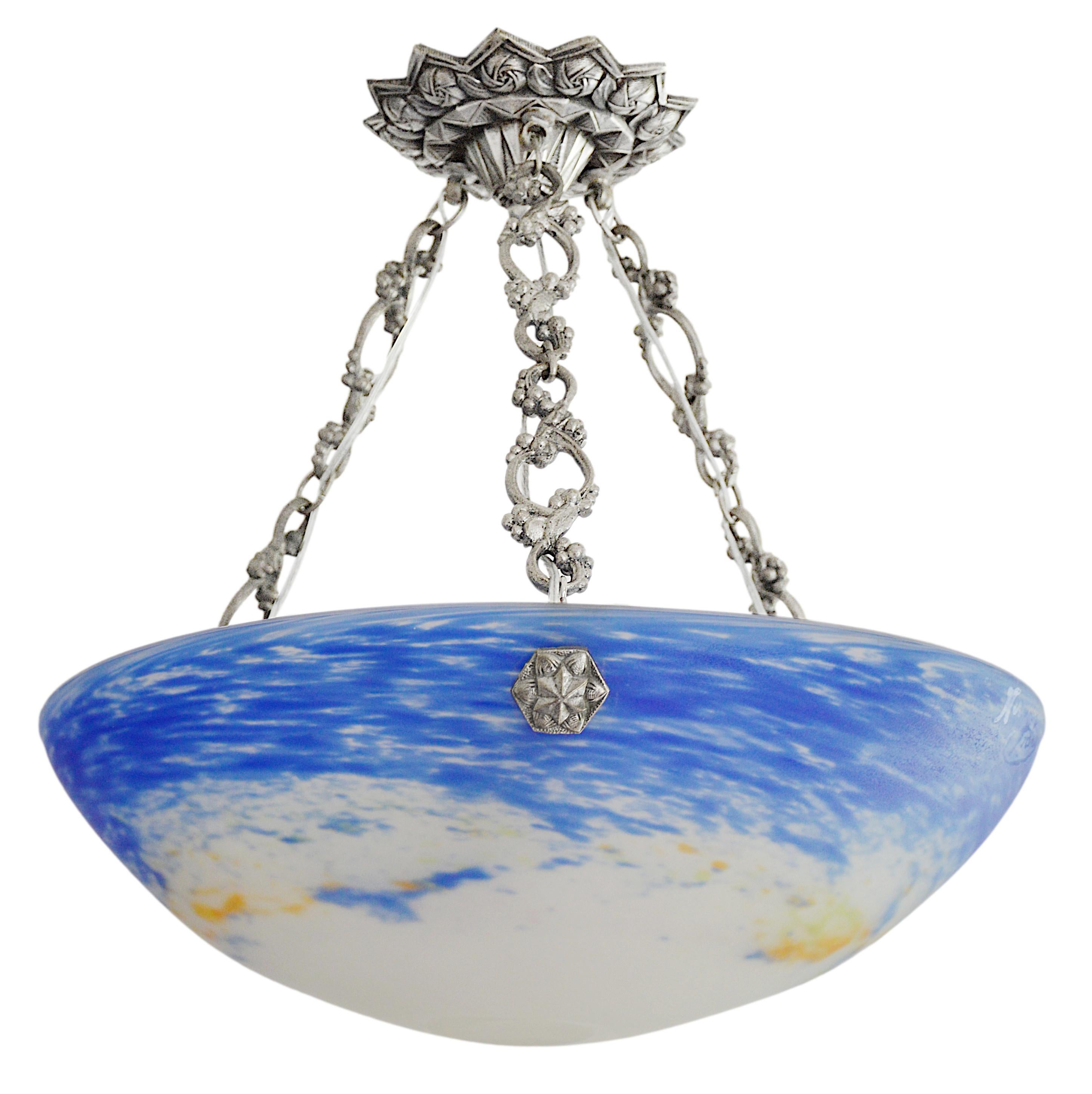 Jean Noverdy French Art Deco Bronze Pendant Chandelier, 1920 For Sale 2