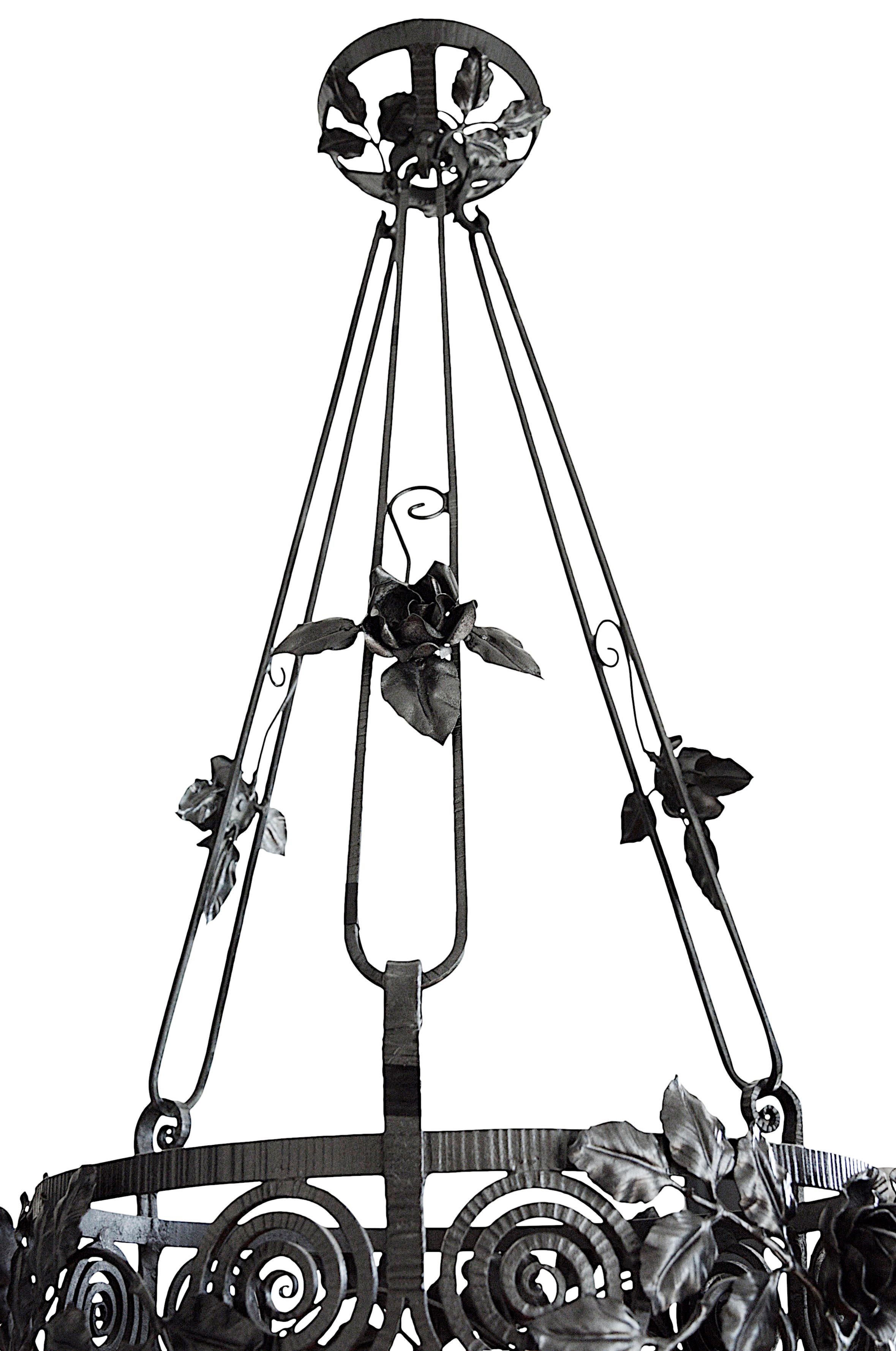 Jean Noverdy French Art Deco Wrought-Iron Pendant Chandelier, 1920 For Sale 6