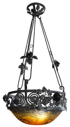 Jean Noverdy French Art Deco Wrought-Iron Pendant Chandelier, 1920