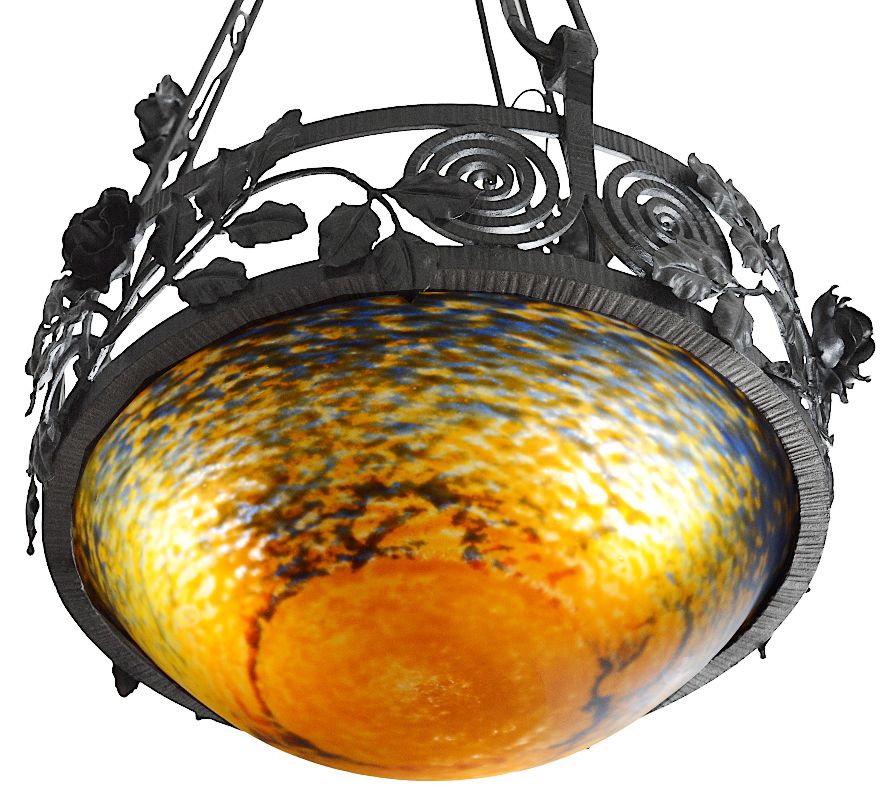 Early 20th Century Jean Noverdy French Art Deco Wrought-Iron Pendant Chandelier, 1920 For Sale