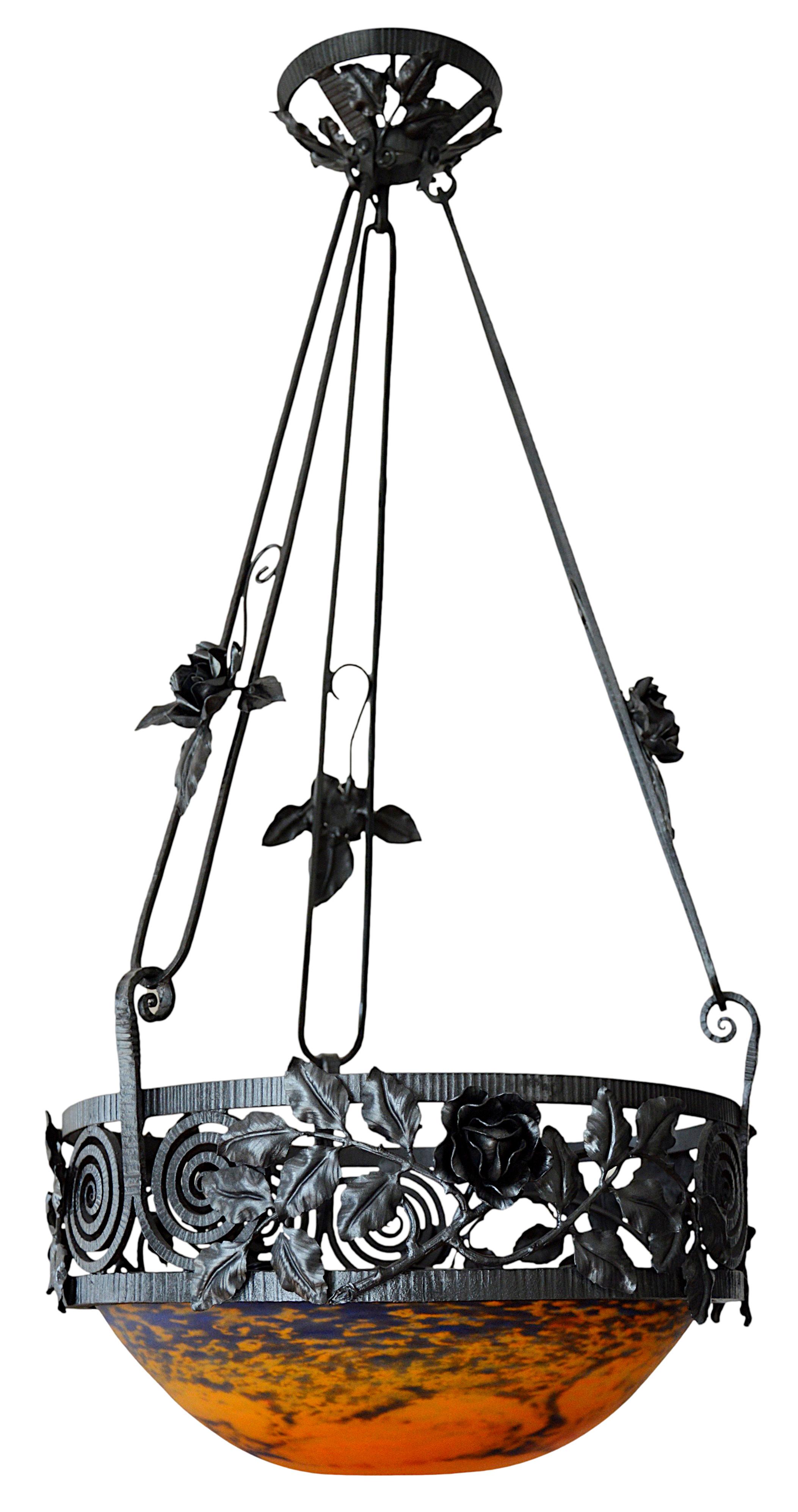 Jean Noverdy French Art Deco Wrought-Iron Pendant Chandelier, Late 1920s For Sale 3