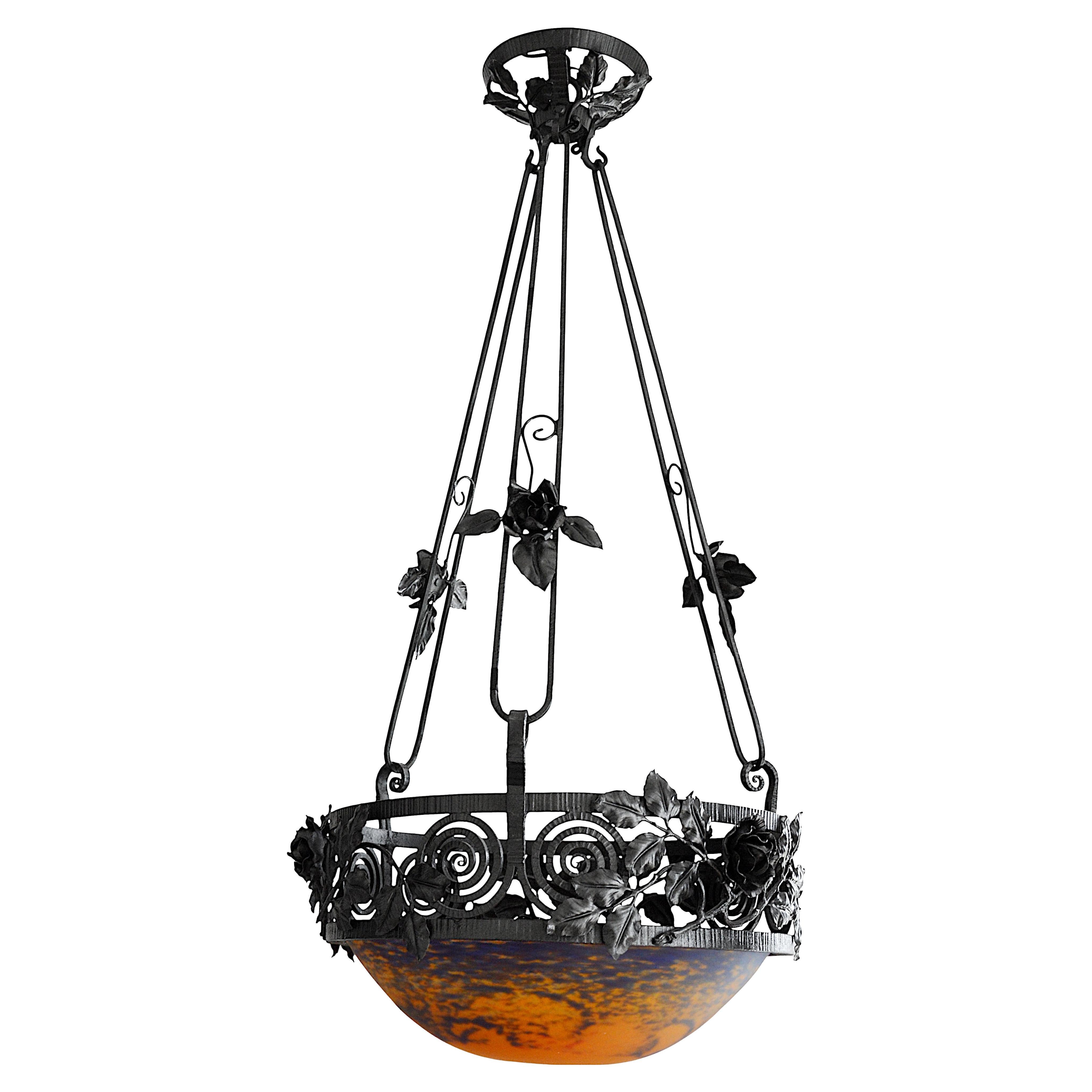 Jean Noverdy French Art Deco Wrought-Iron Pendant Chandelier, Late 1920s For Sale