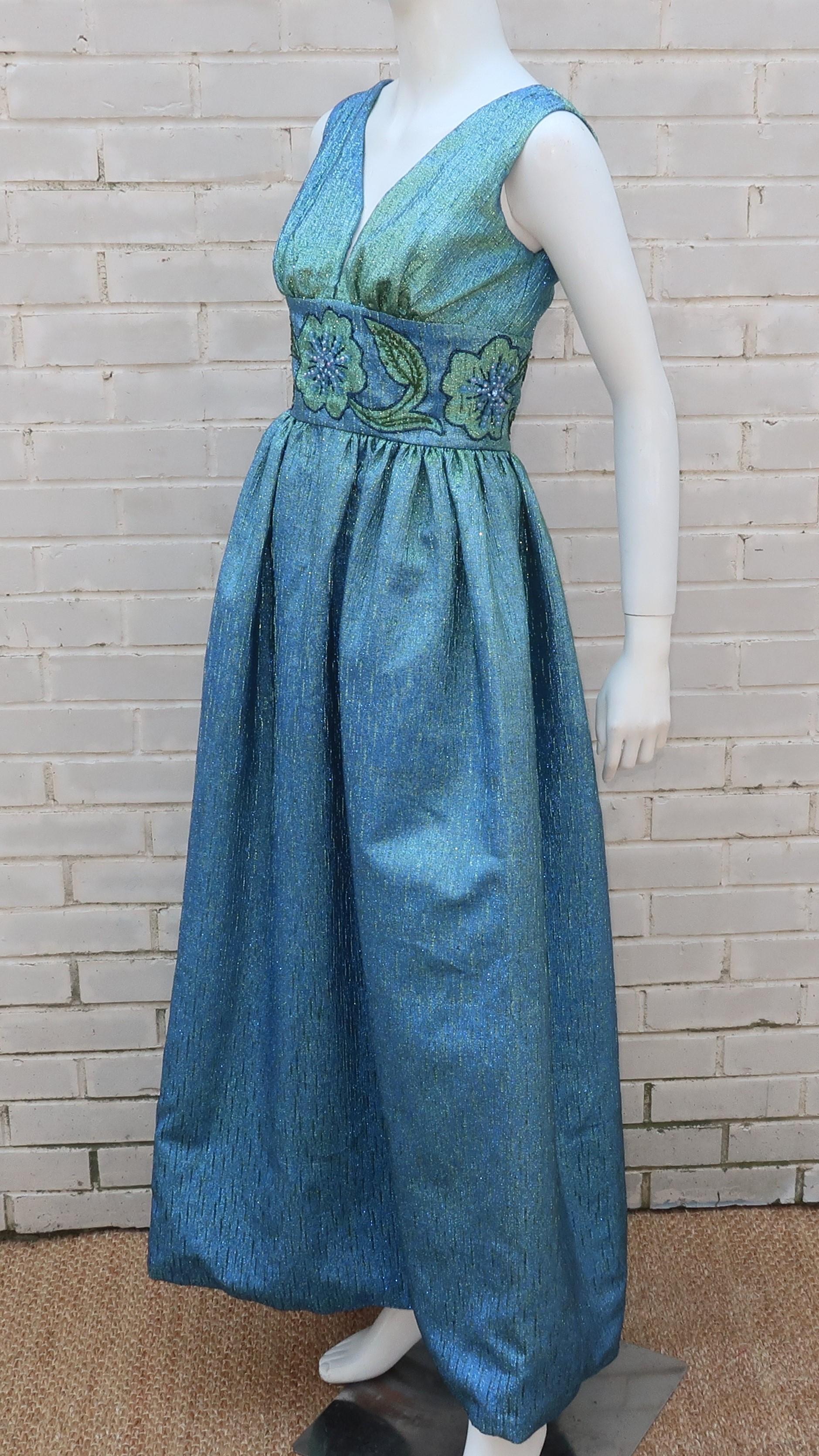 Jean of California Iridescent Green & Blue Beaded Evening Dress, 1960's 6