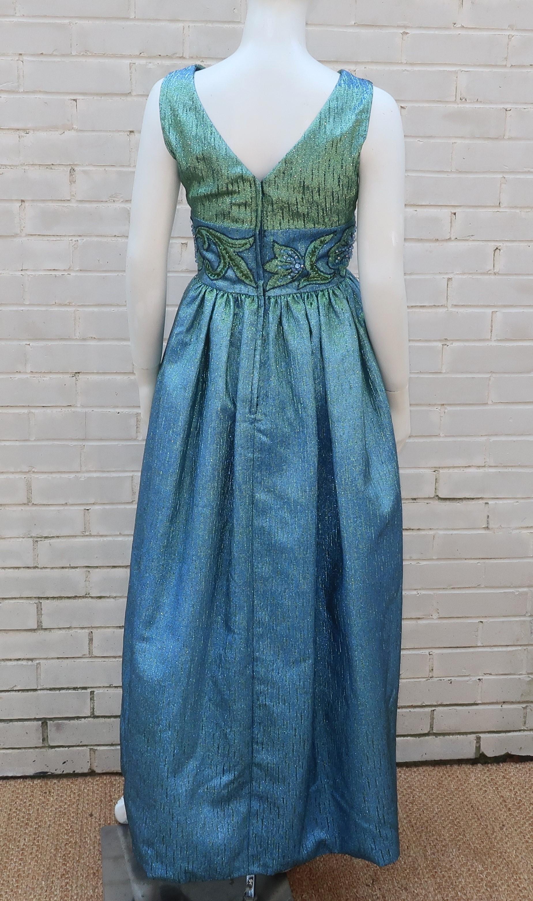 Jean of California Iridescent Green & Blue Beaded Evening Dress, 1960's 7