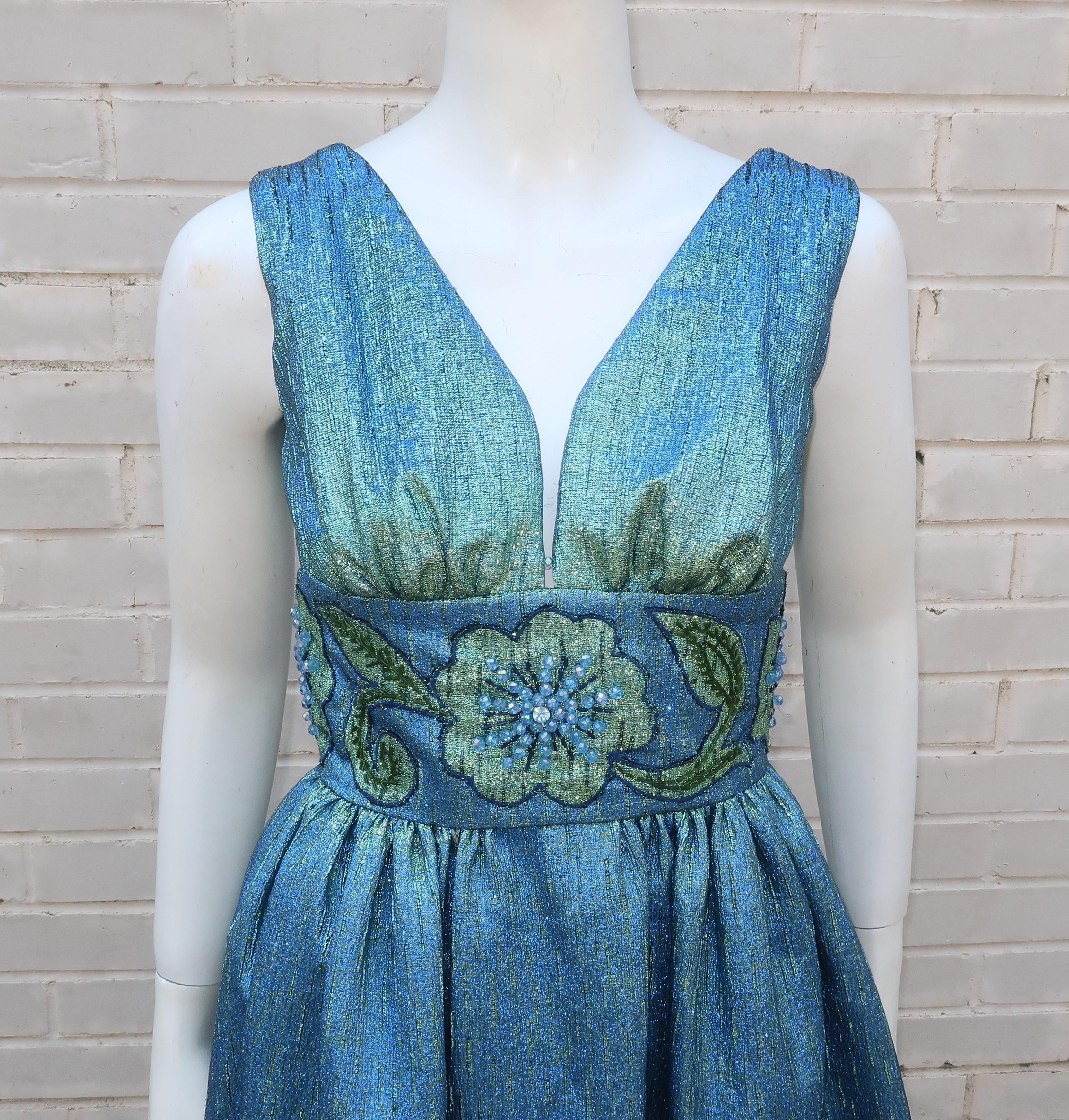 Jean of California Iridescent Green & Blue Beaded Evening Dress, 1960's In Good Condition In Atlanta, GA