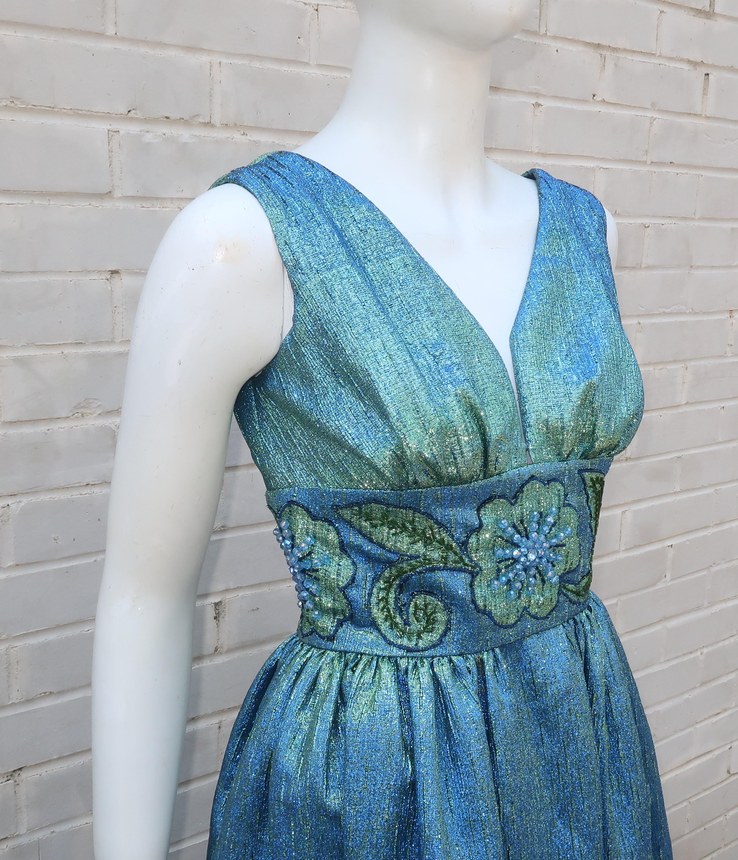 Jean of California Iridescent Green & Blue Beaded Evening Dress, 1960's 1