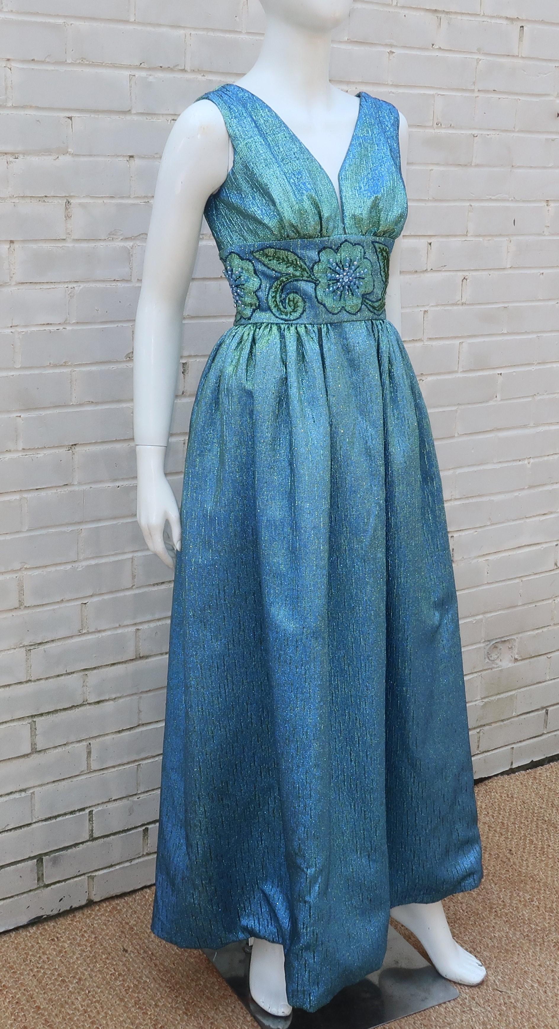 Jean of California Iridescent Green & Blue Beaded Evening Dress, 1960's 2