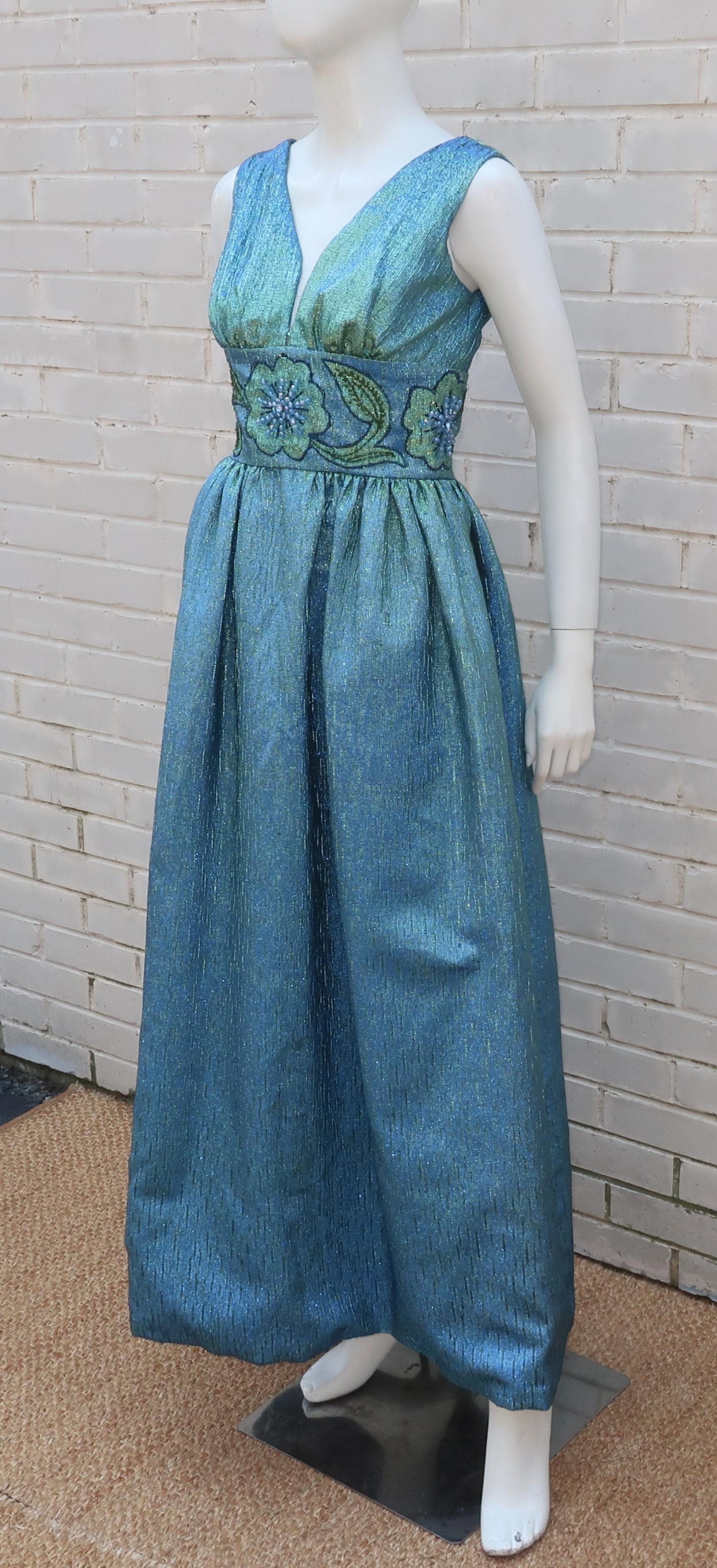 Jean of California Iridescent Green & Blue Beaded Evening Dress, 1960's 4