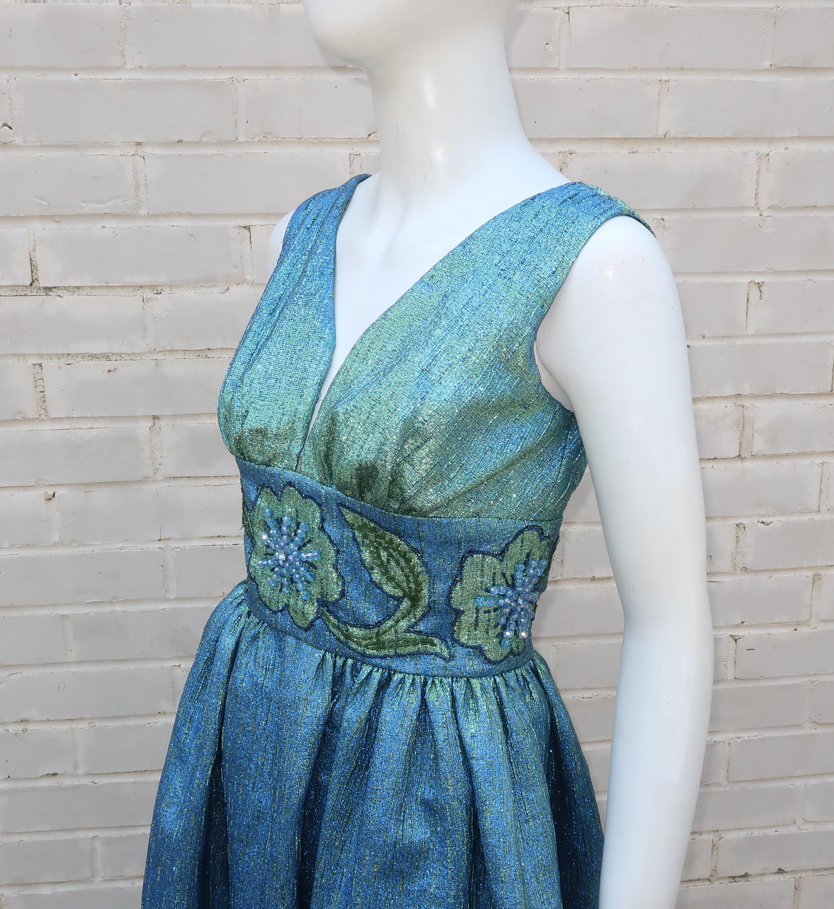 Jean of California Iridescent Green & Blue Beaded Evening Dress, 1960's 5