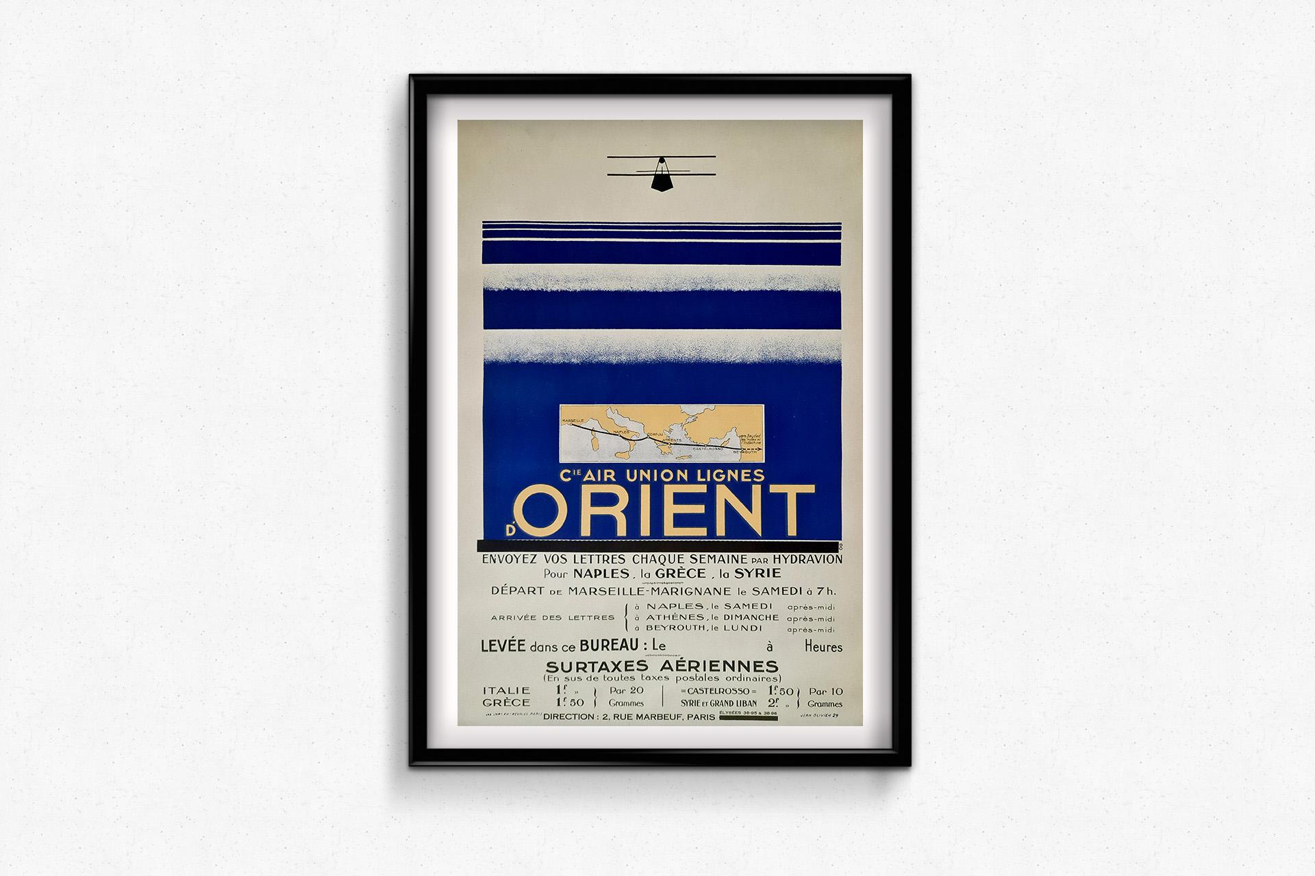 Original travel poster by Jean Olivier in 1929 : Cie Air Union Lignes d'Orient For Sale 1