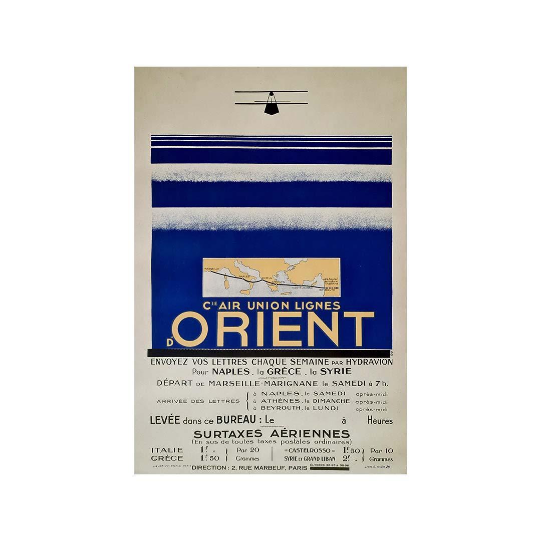 Original travel poster by Jean Olivier in 1929 : Cie Air Union Lignes d'Orient For Sale 3