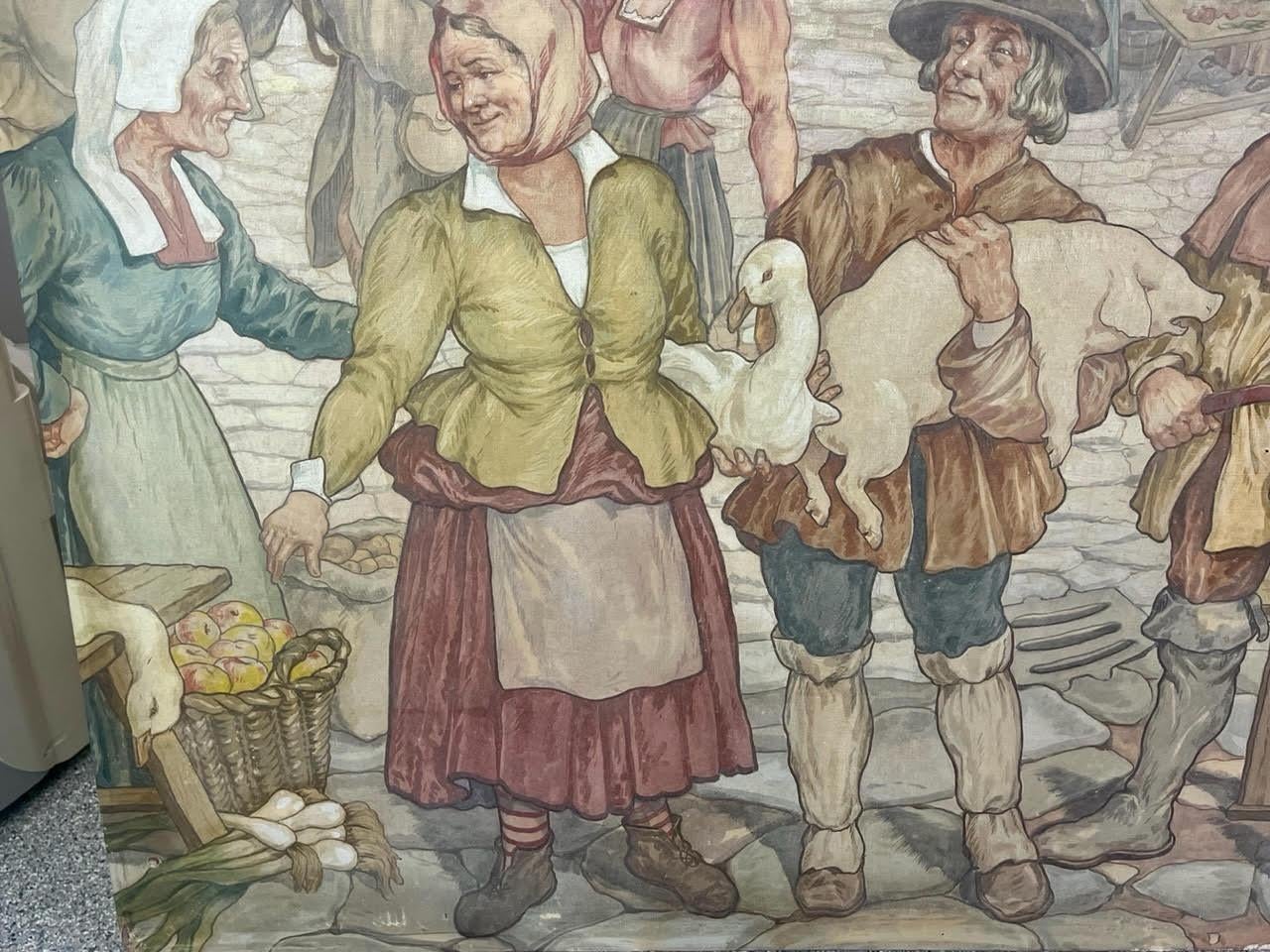 Original canvas mural for La Caravelle restaurant, New York City. The French culinary scene depicts a bustling outdoor market. 

Jean Pages was a prolific illustrator and muralist who decorated the interiors of many of the city's leading restaurants