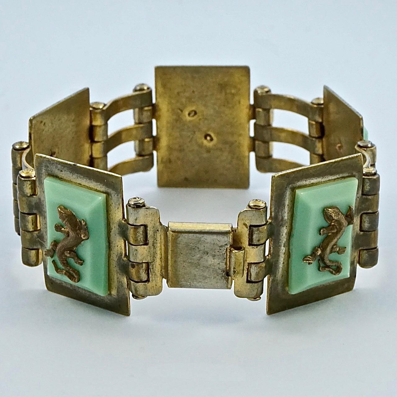 Jean Painleve French Art Deco Gold Plated Green Bakelite Salamander Bracelet For Sale 2