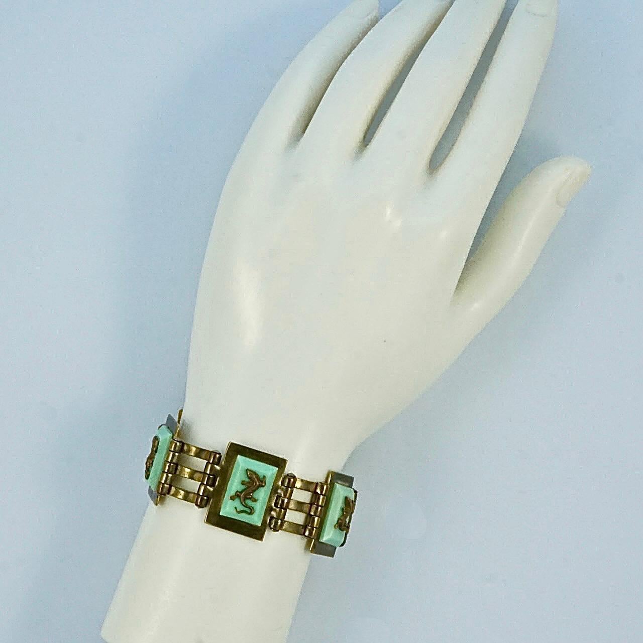 Jean Painleve French Art Deco Gold Plated Green Bakelite Salamander Bracelet For Sale 3