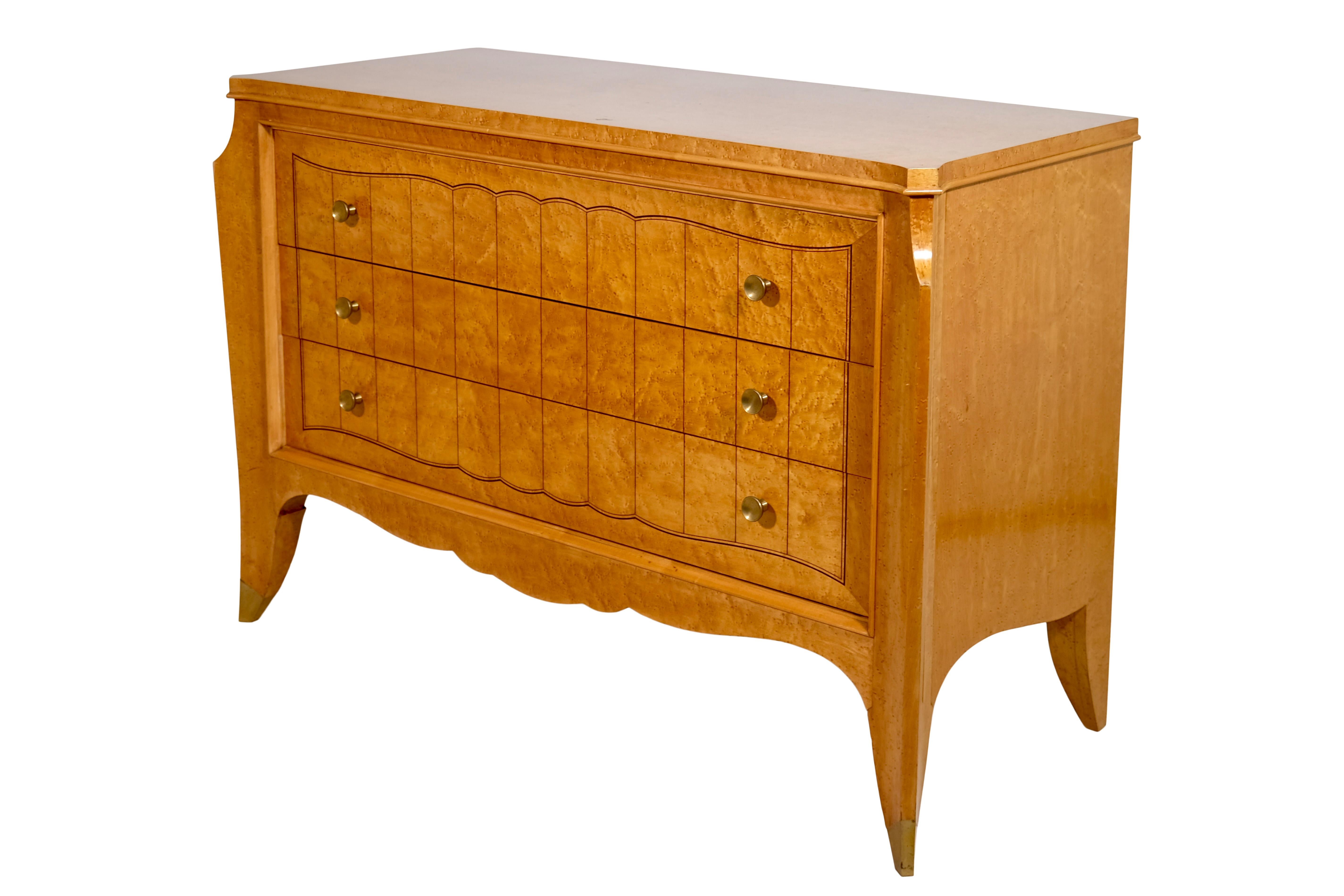 Polished French 1930s Jean Pascaud Art Deco Chest Of Drawers in Birdseye Maple For Sale