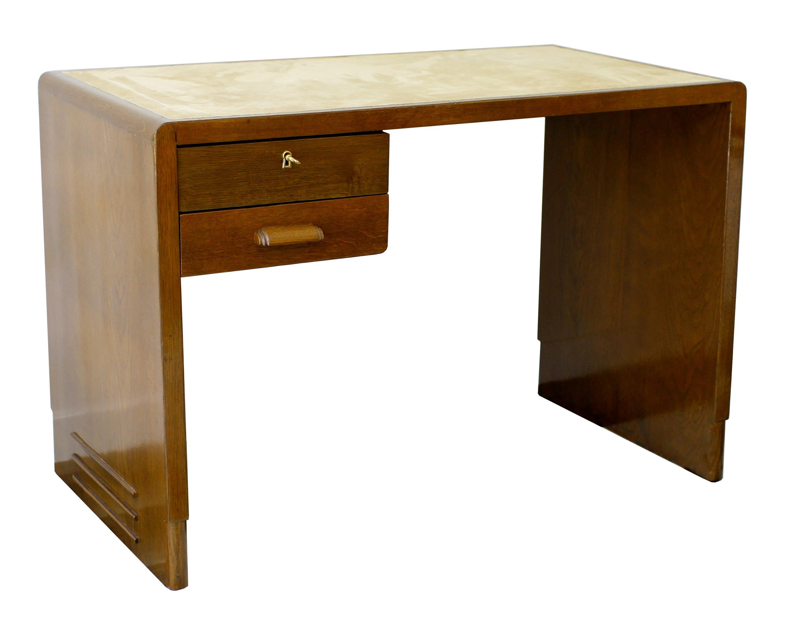 Suede Jean Pascaud Student Desk in oak 1930 For Sale