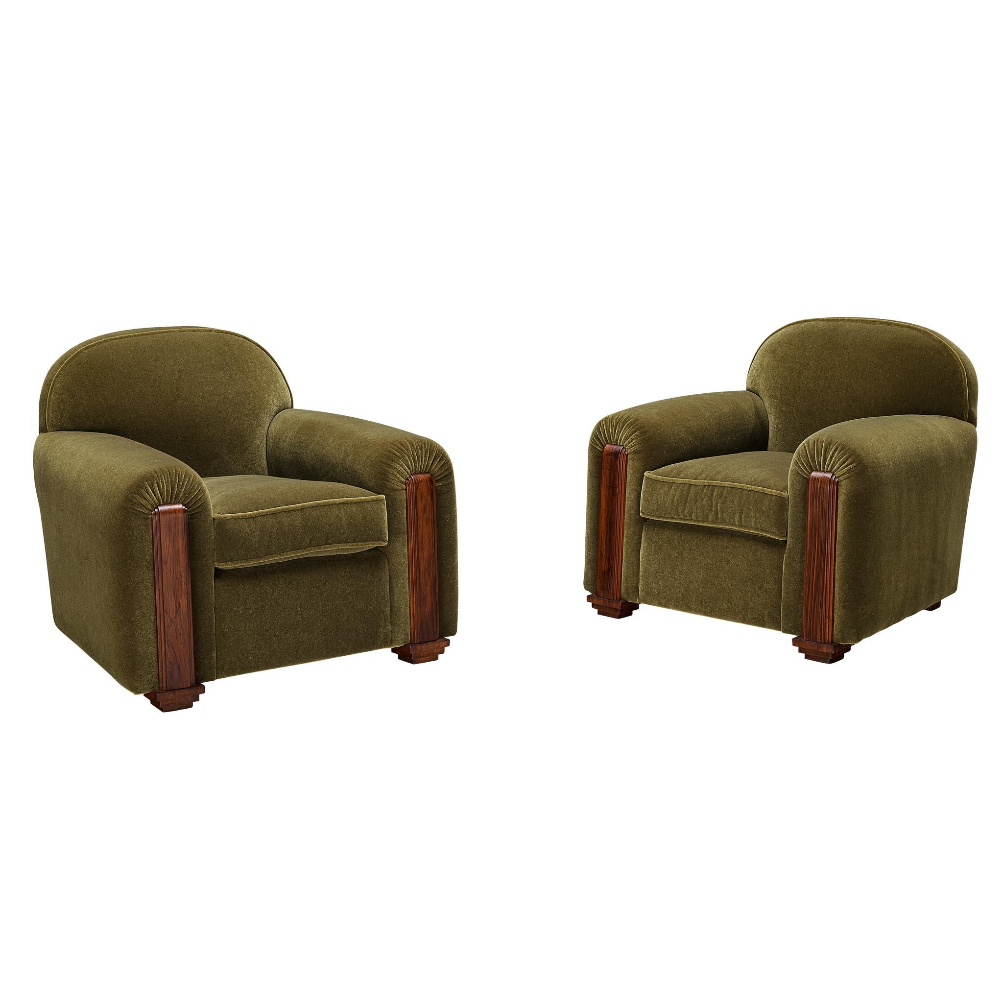 Jean Pascaud Rare Pair of Lounge Chairs in Earthy Olive Mohair by Pierre Frey