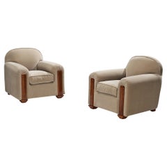 Jean Pascaud Rare Pair of Lounge Chairs in Rosewood and Taupe Velvet
