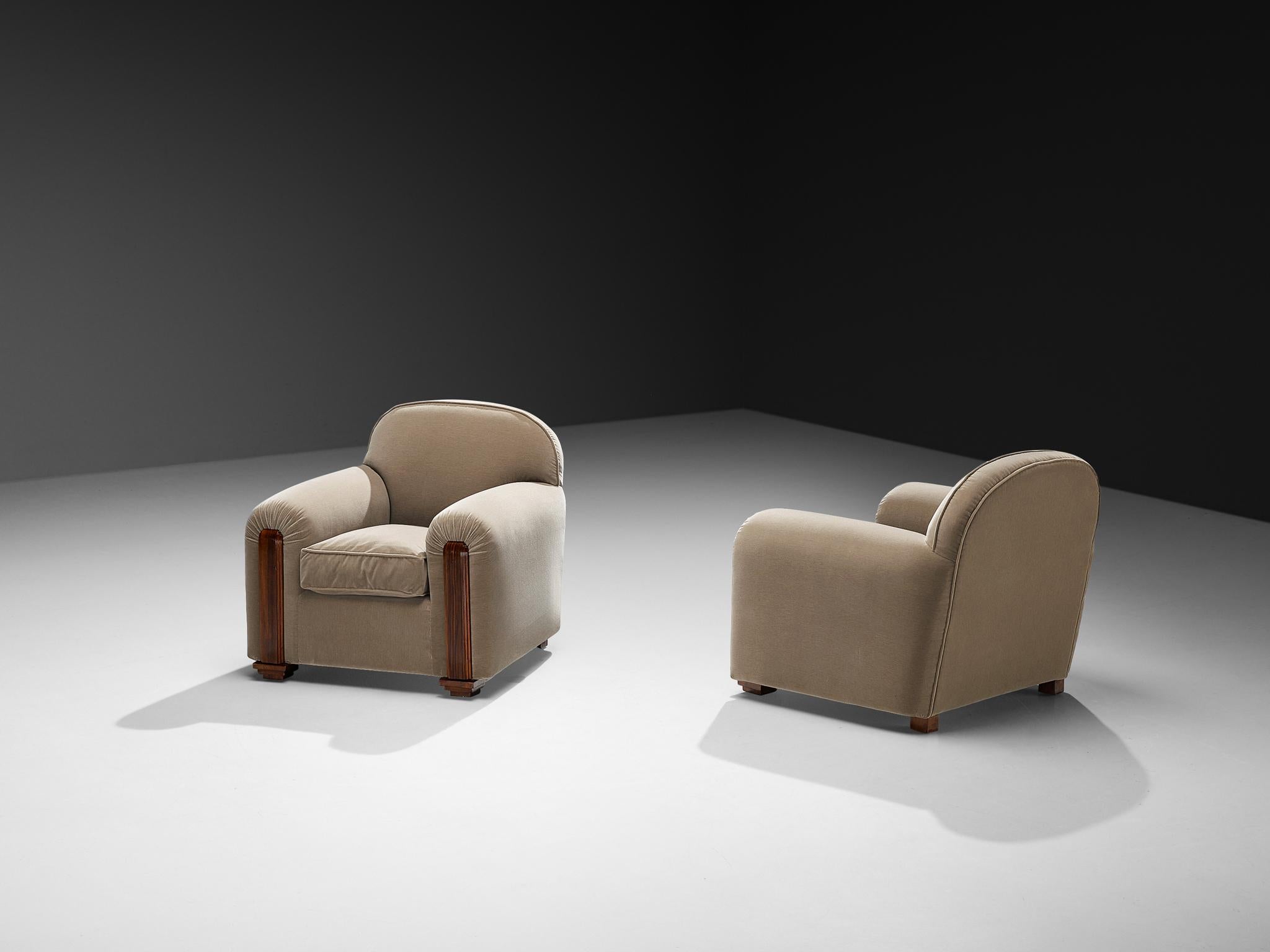 Art Deco Jean Pascaud Rare Pair of Lounge Chairs in Taupe Velvet For Sale