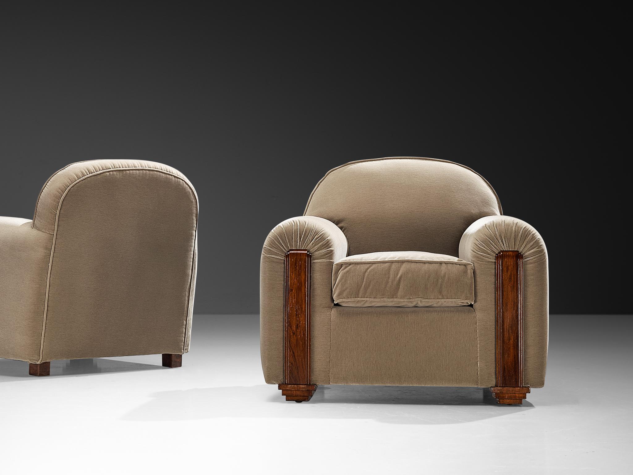 Jean Pascaud Rare Pair of Lounge Chairs in Taupe Velvet In Good Condition For Sale In Waalwijk, NL
