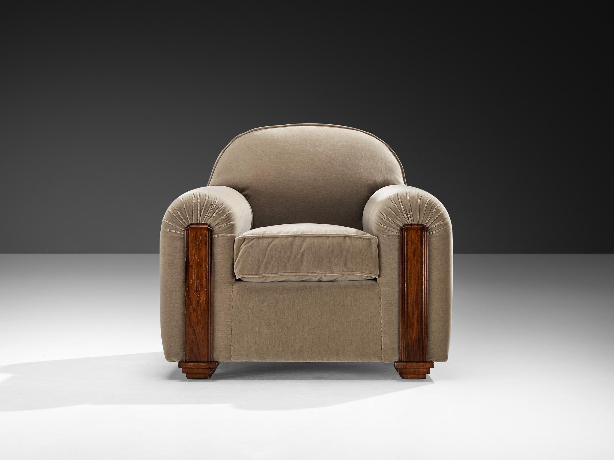 Fabric Jean Pascaud Rare Pair of Lounge Chairs in Taupe Velvet For Sale